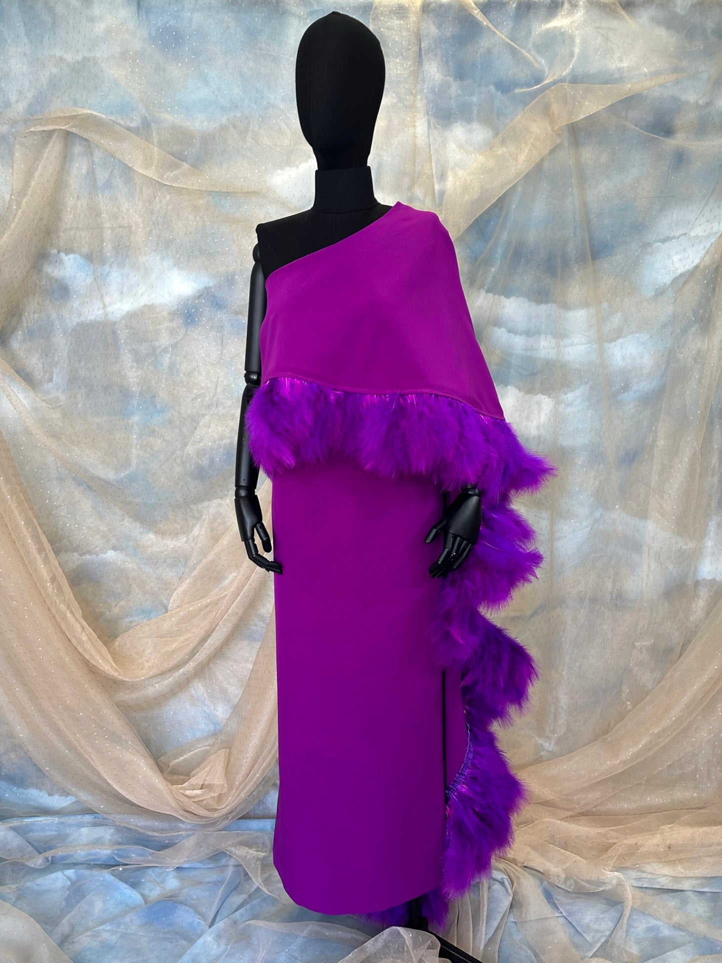 One-Shoulder Magenta Dress With Feather Trim