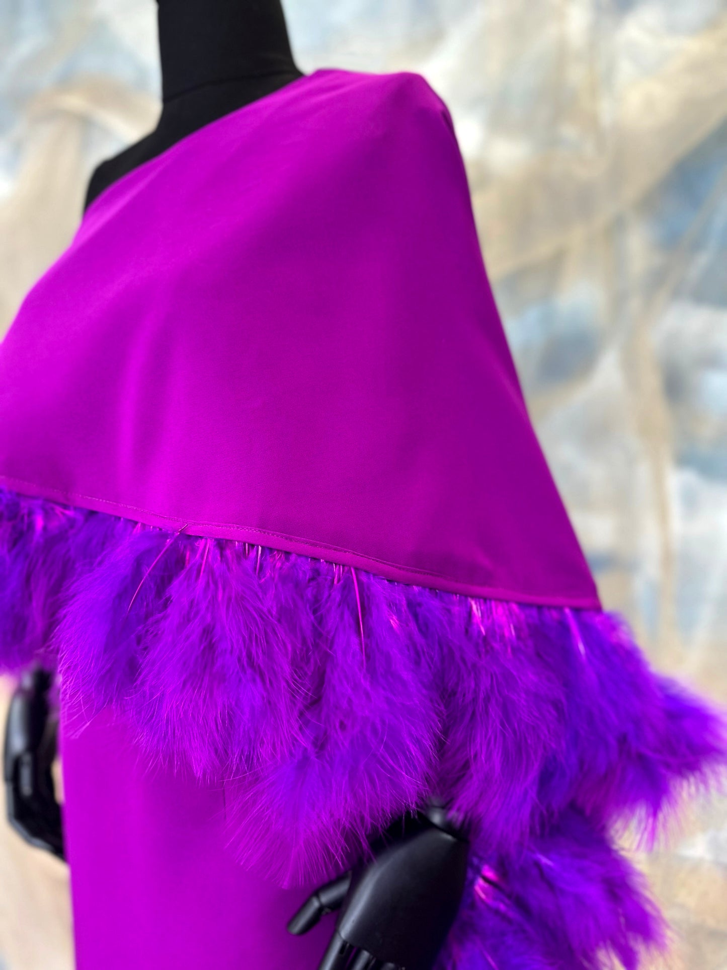 One-Shoulder Magenta Dress With Feather Trim