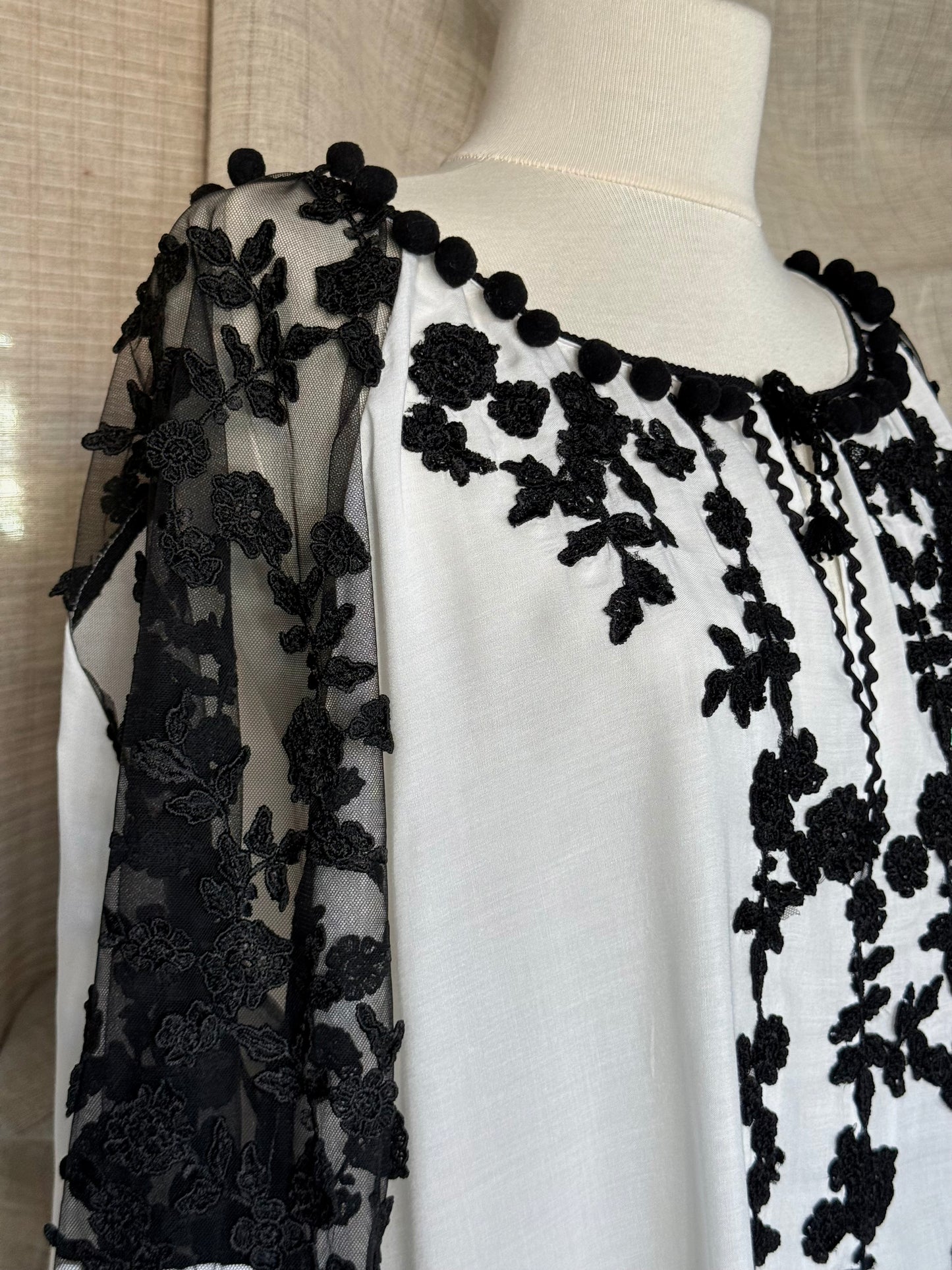 White Romanian Blouse with Black Floral Embroidery