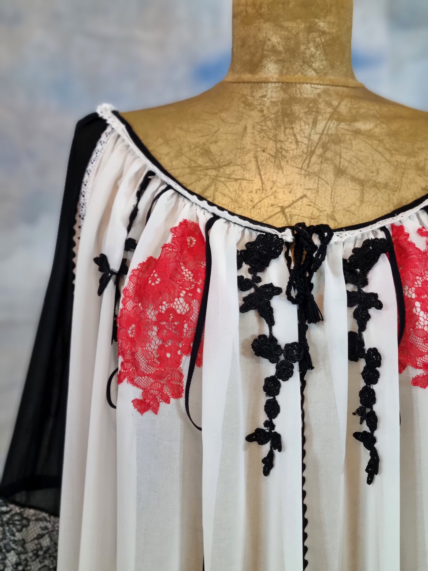 White Romanian Blouse With Black And Red Lace Details