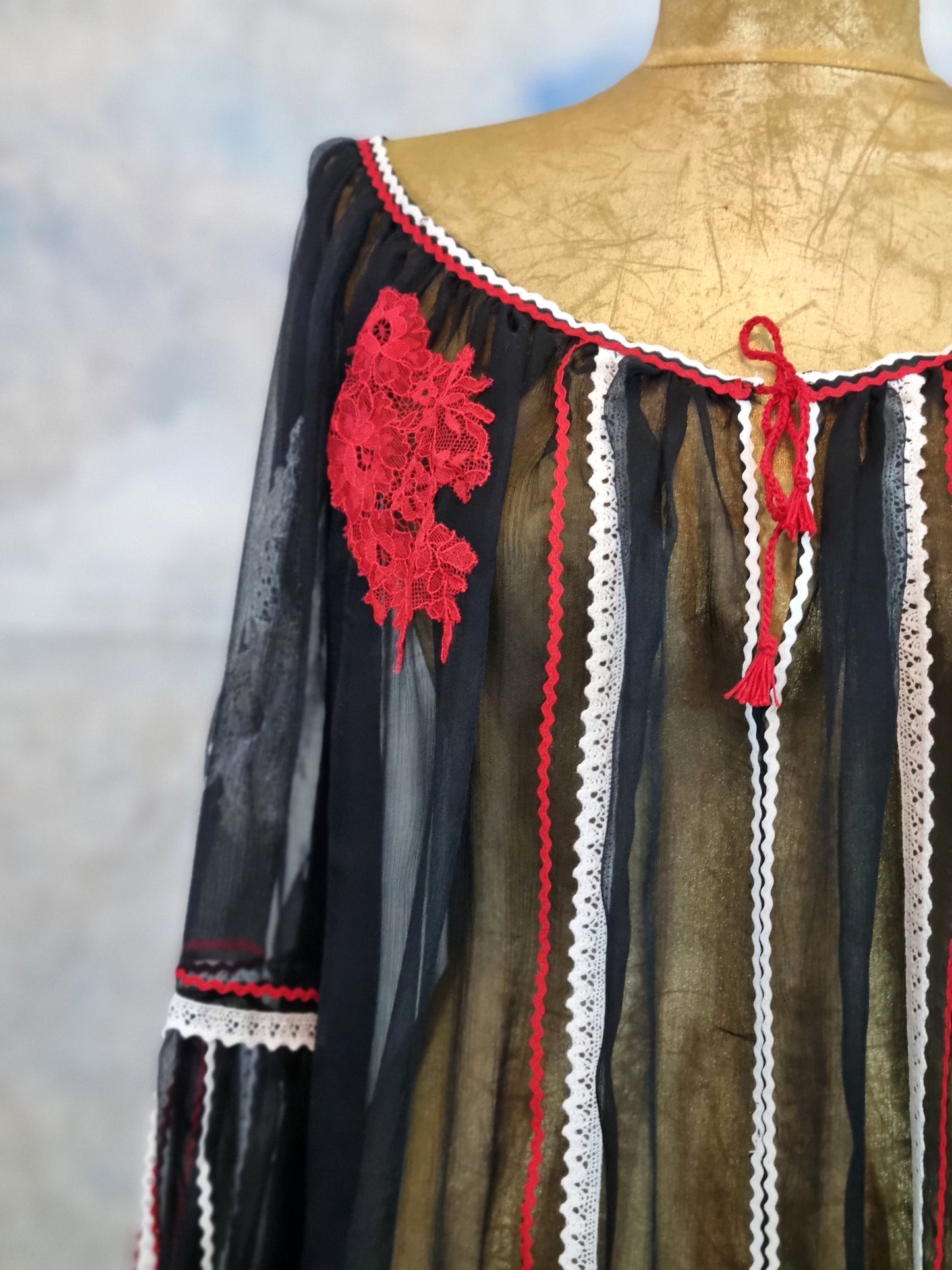 Black Silk Romanian Blouse With Red And White Lace Details