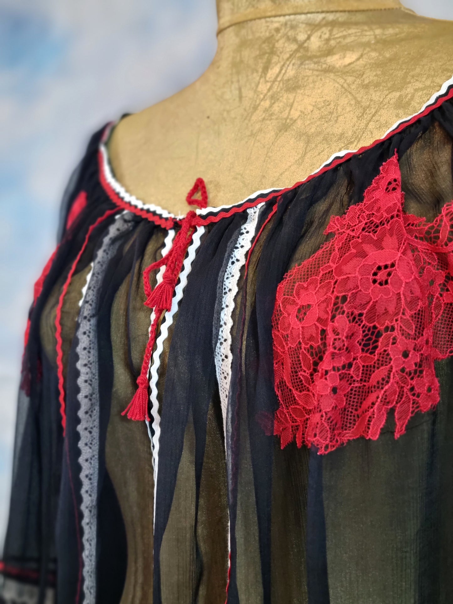 Black Silk Romanian Blouse With Red And White Lace Details