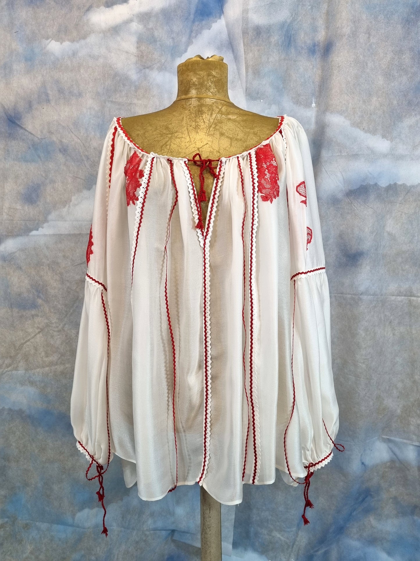 White Silk Romanian Blouse With Red Lace Details