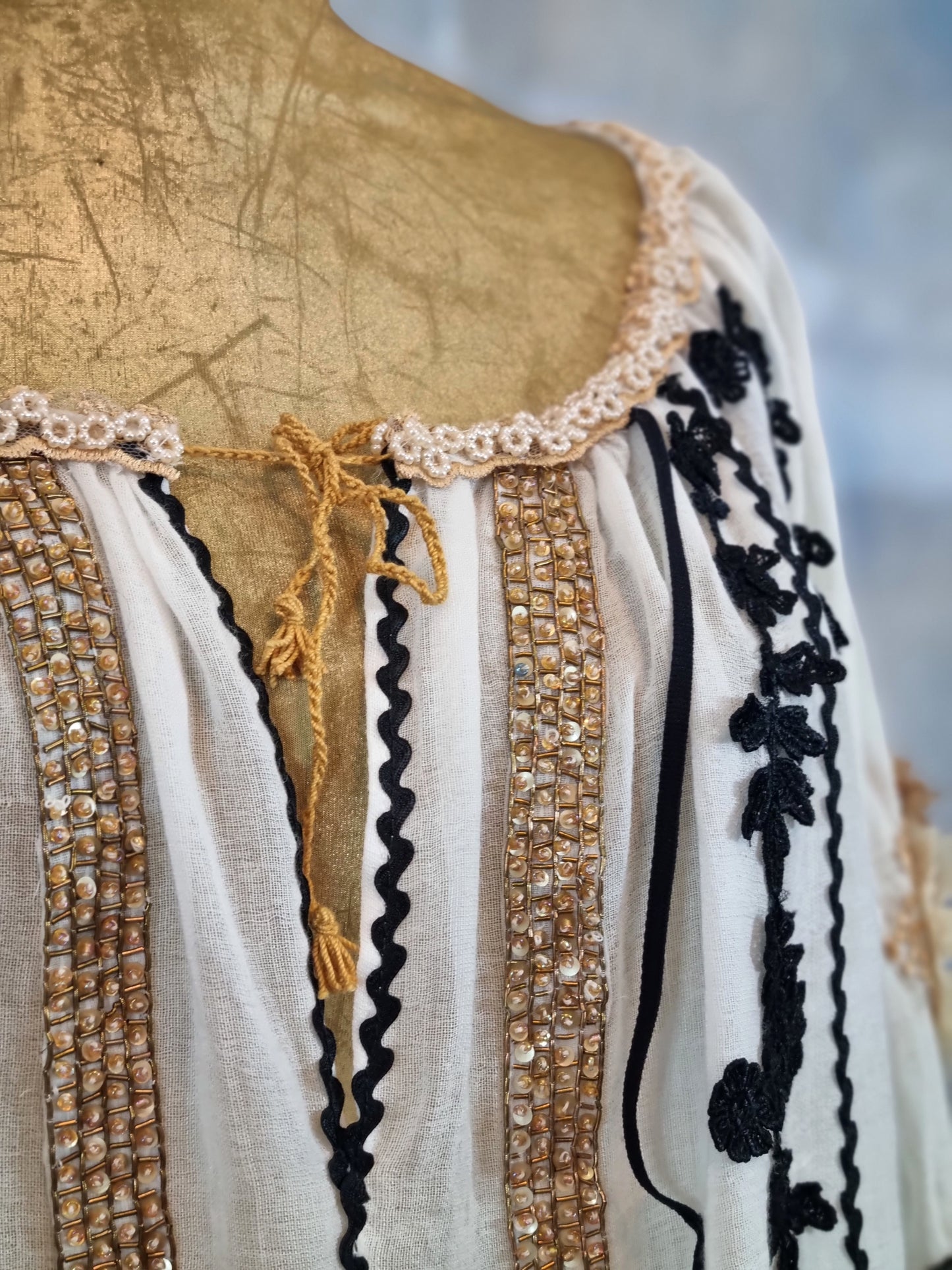 Ivory Linen Romanian Blouse With Black And Gold Details