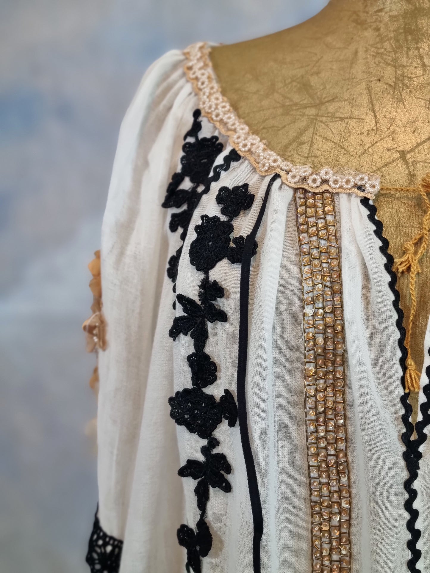 Ivory Linen Romanian Blouse With Black And Gold Details