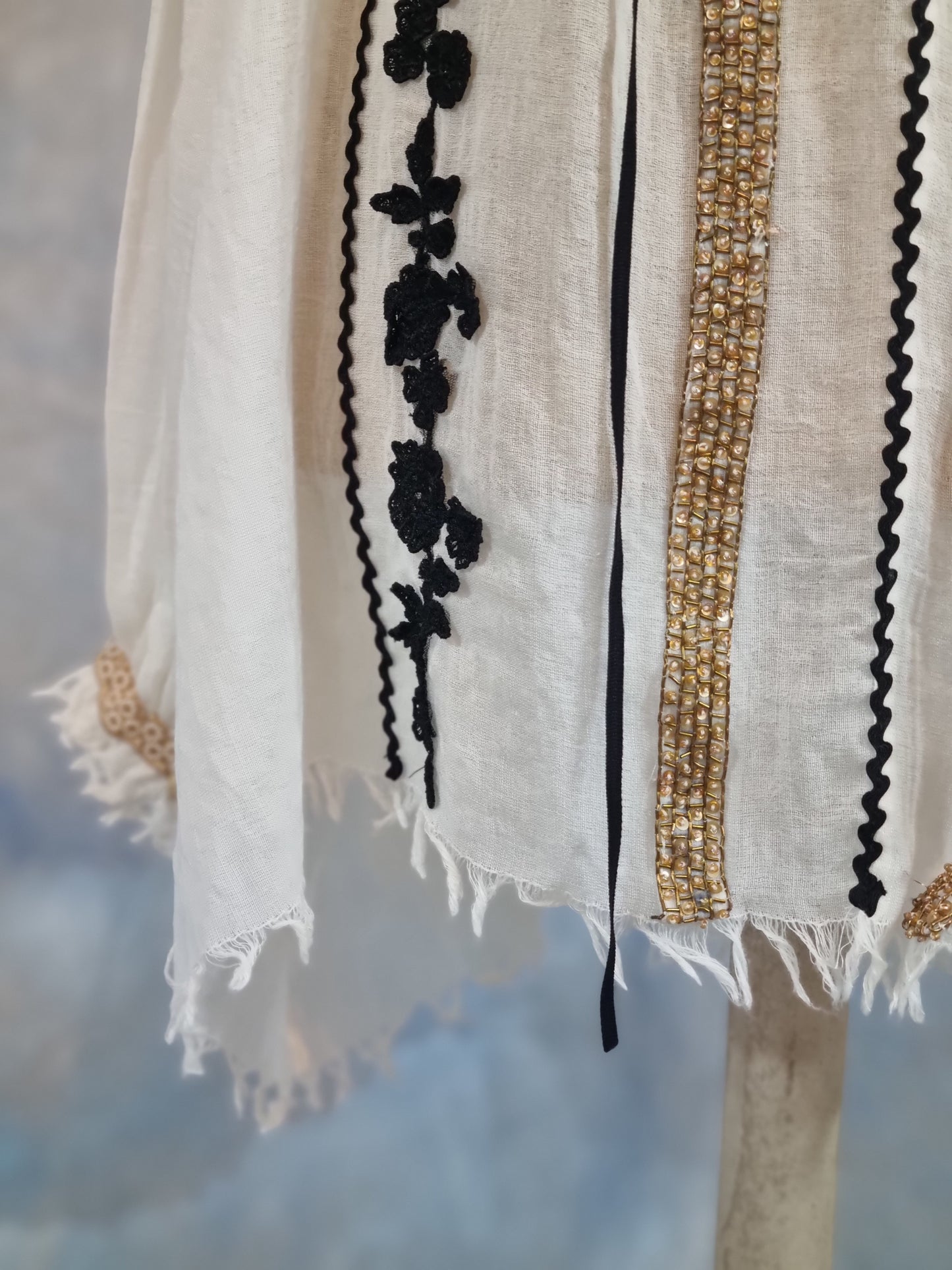 Ivory Linen Romanian Blouse With Black And Gold Details