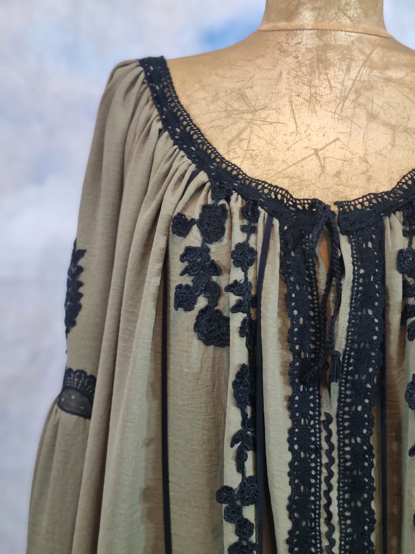 Olive Green Blouse With Black Lace Embroidery
