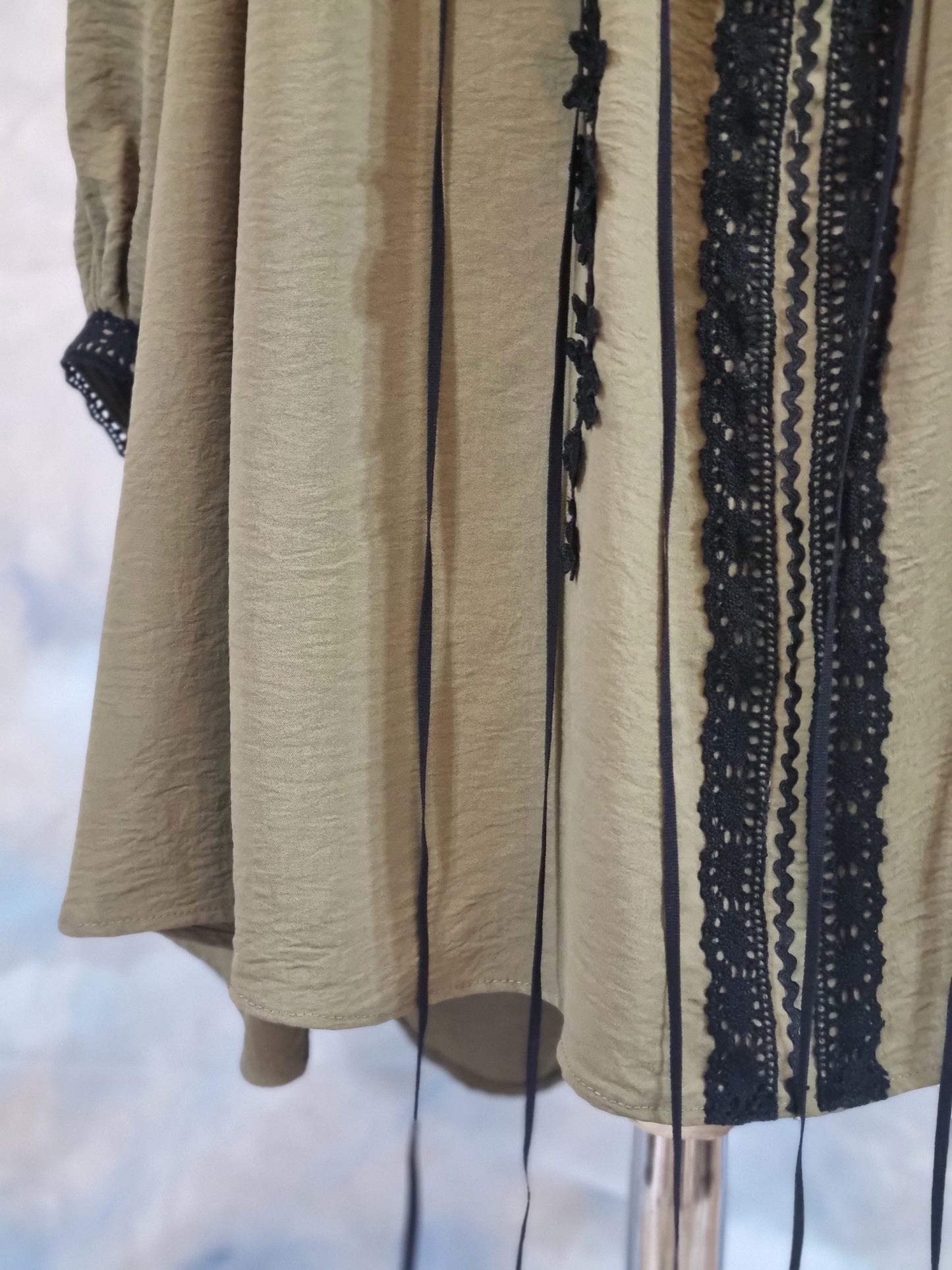 Olive Green Blouse With Black Lace Embroidery