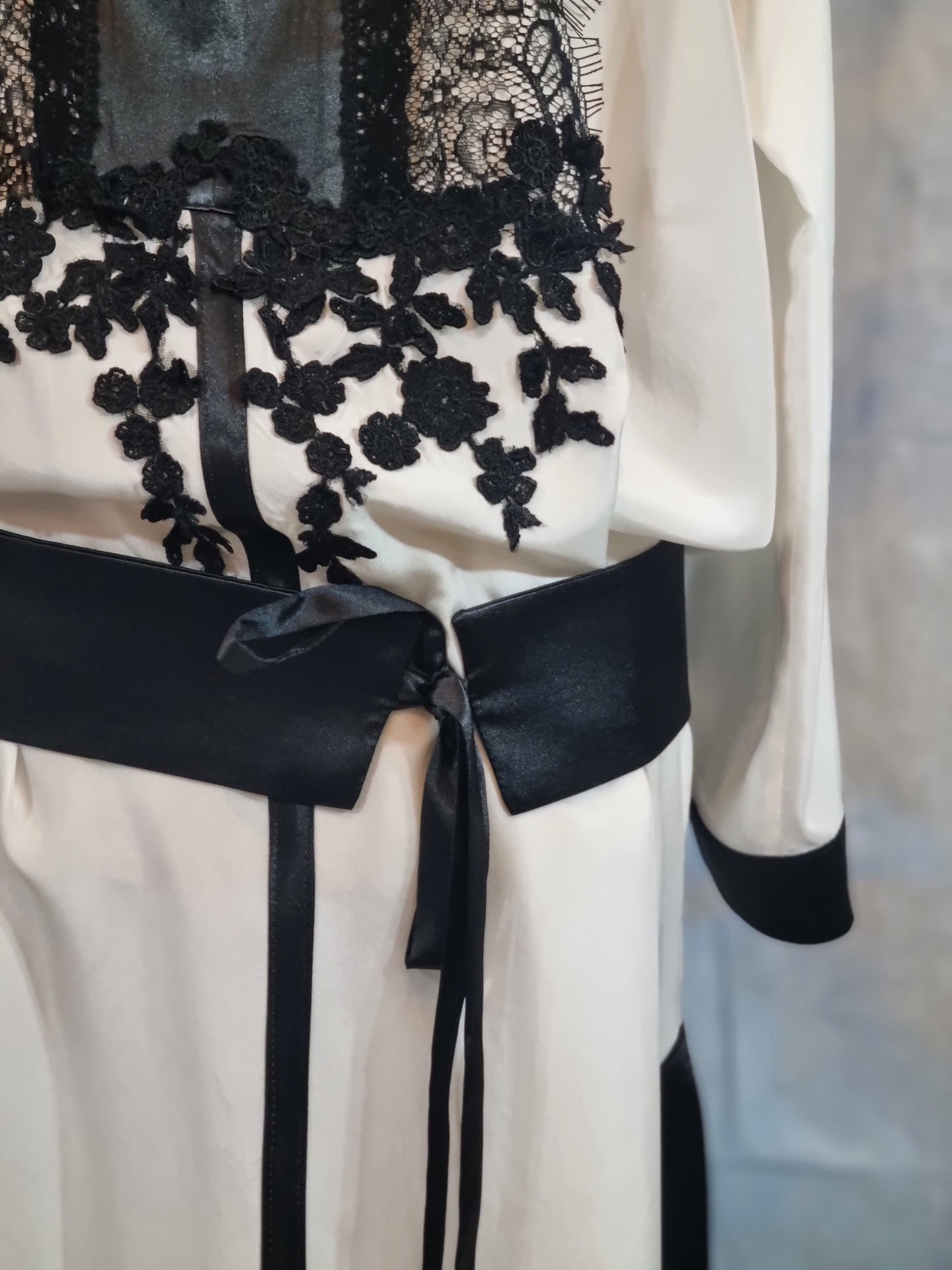 White Silk Dress With Black Lace Details