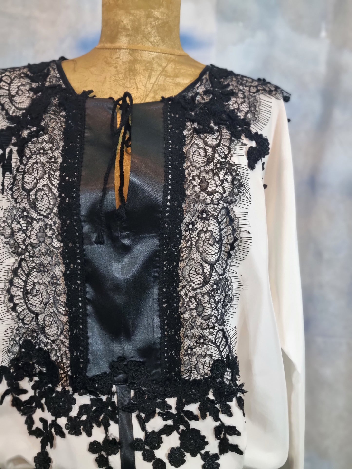 White Silk Dress With Black Lace Details