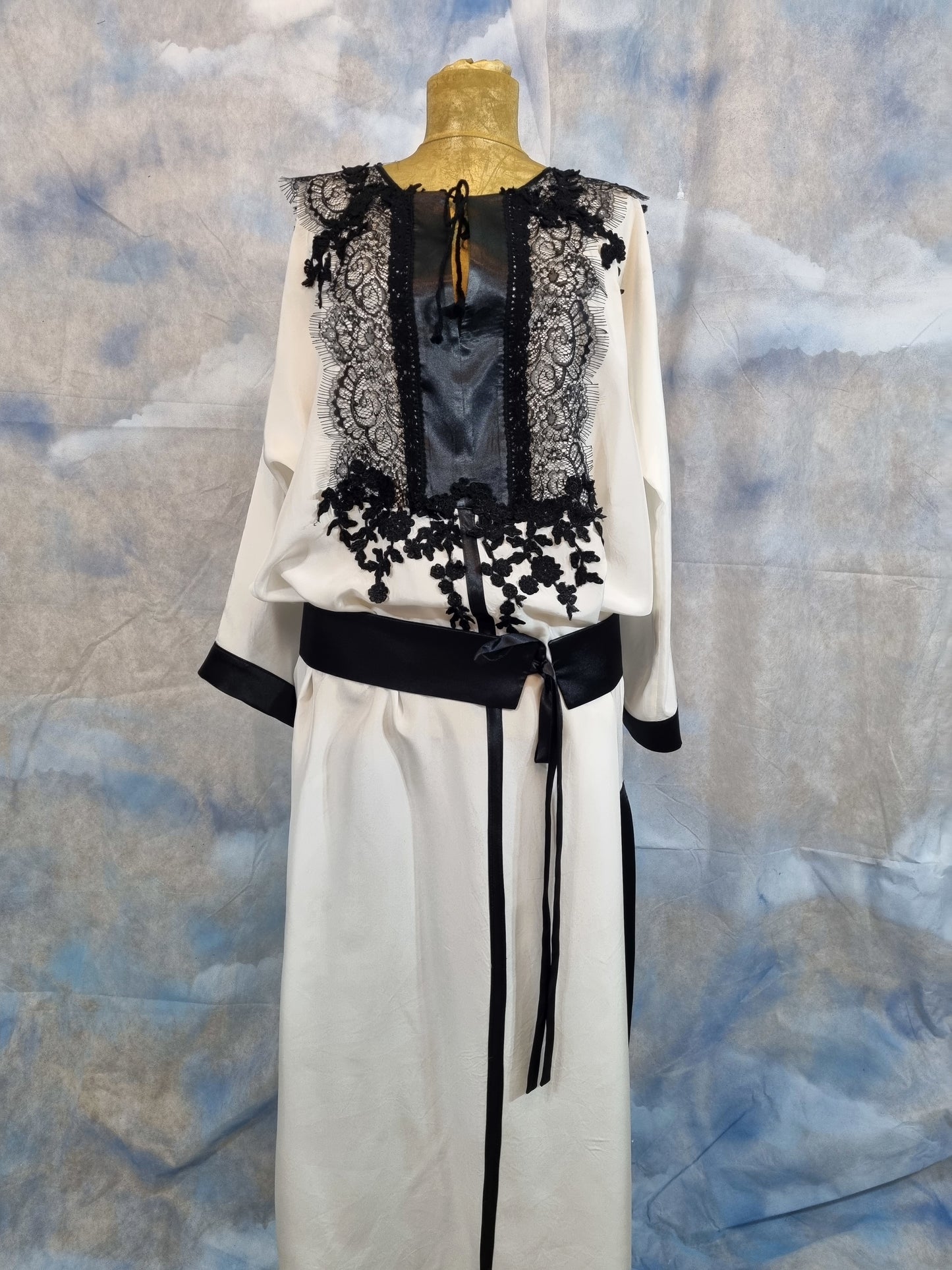 White Silk Dress With Black Lace Details