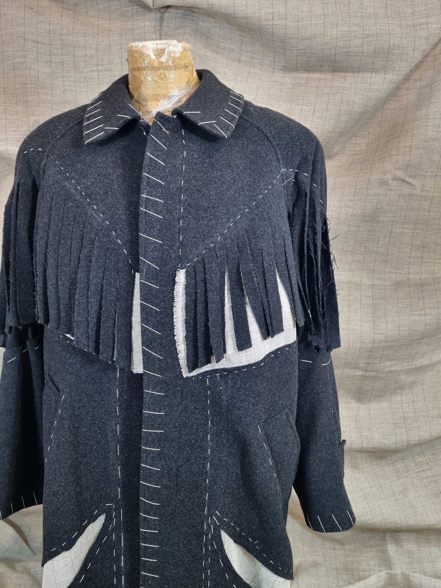Long Coat With Fringe And Handmade Decorative Stitches