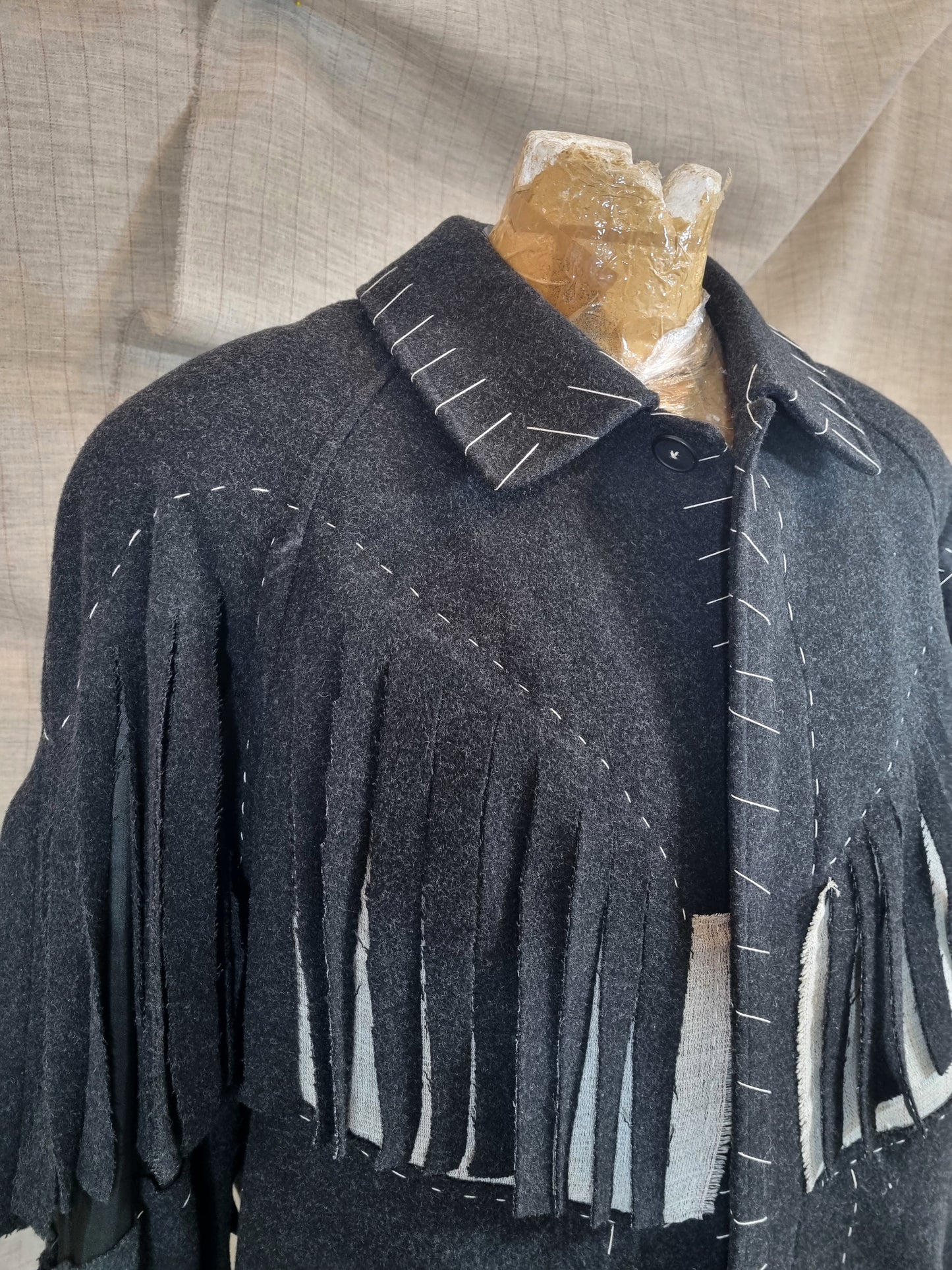 Long Coat With Fringe And Handmade Decorative Stitches