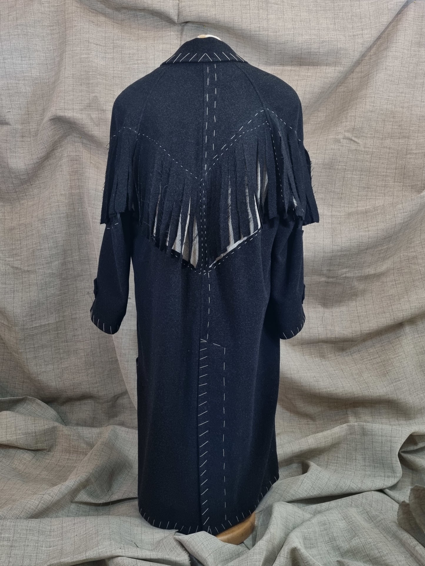 Long Coat With Fringe And Handmade Decorative Stitches