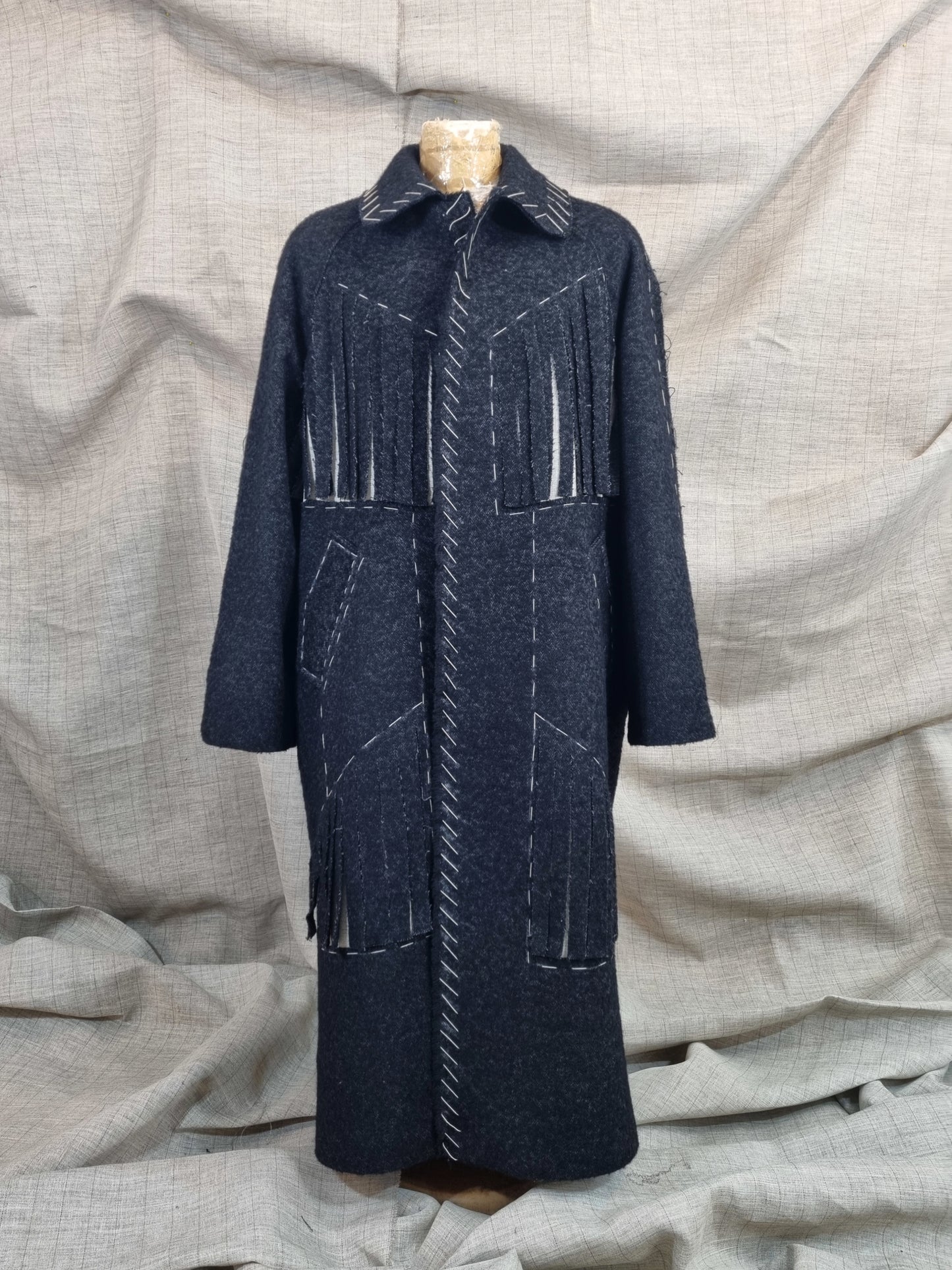 Long Coat With Fringe And Handmade Decorative Stitches