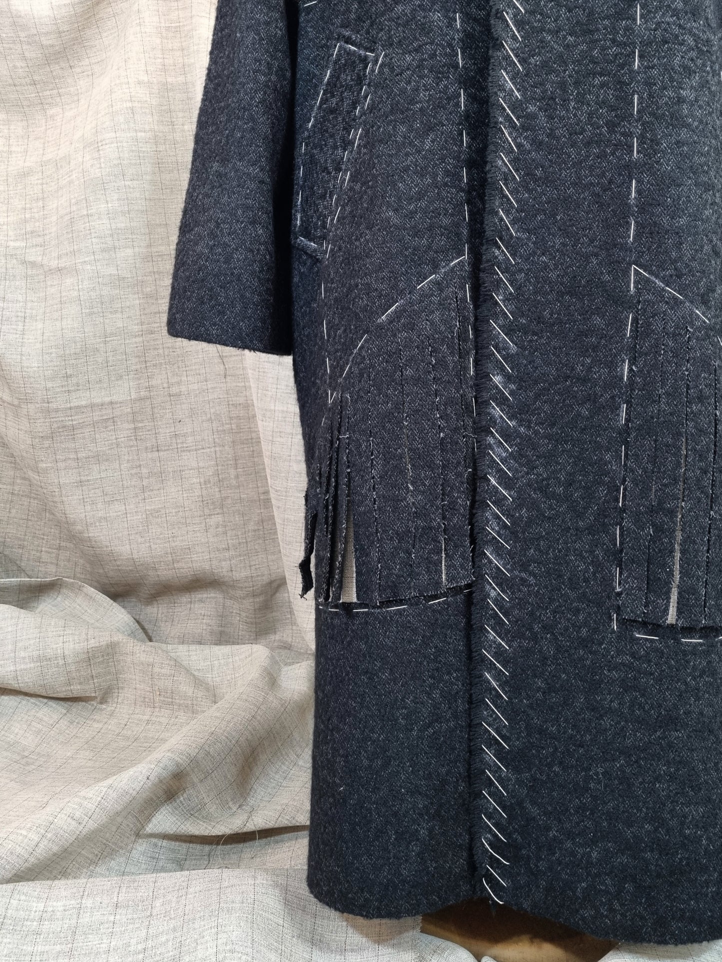 Long Coat With Fringe And Handmade Decorative Stitches