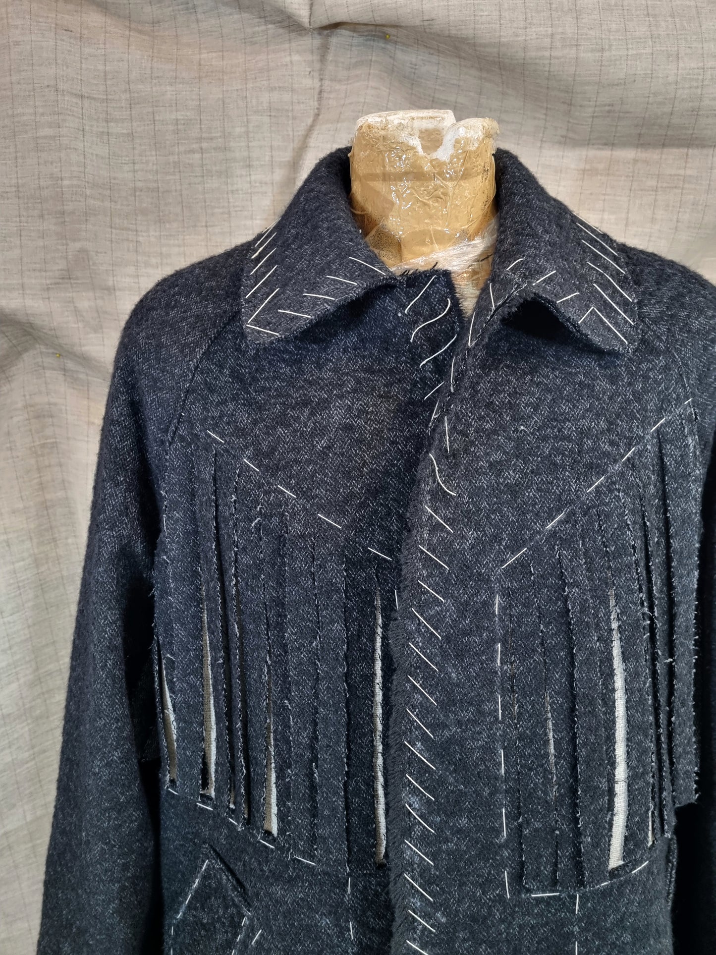 Long Coat With Fringe And Handmade Decorative Stitches