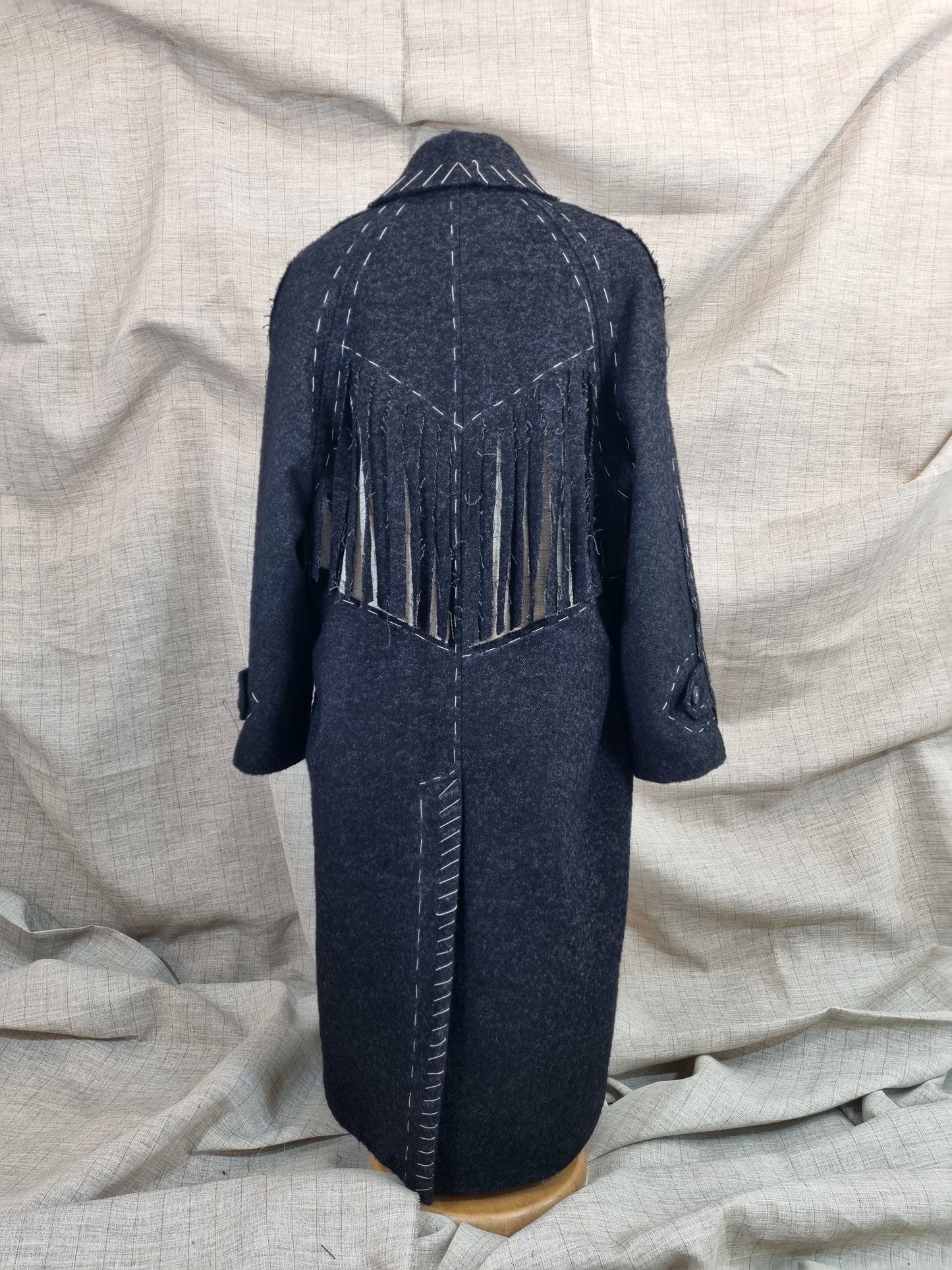 Long Coat With Fringe And Handmade Decorative Stitches