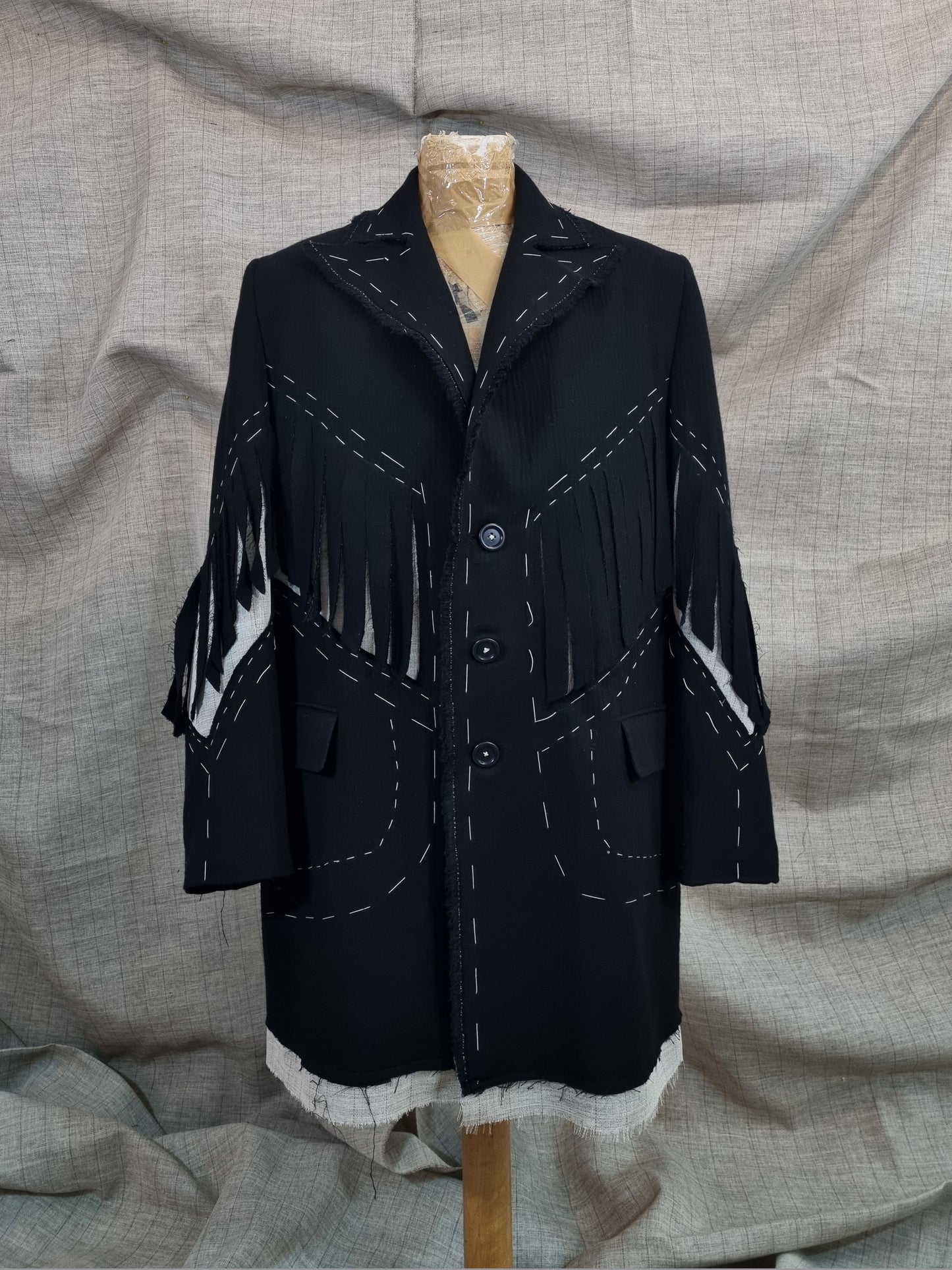 Black Jacket With Fringe And Handmade Decorative Stitching