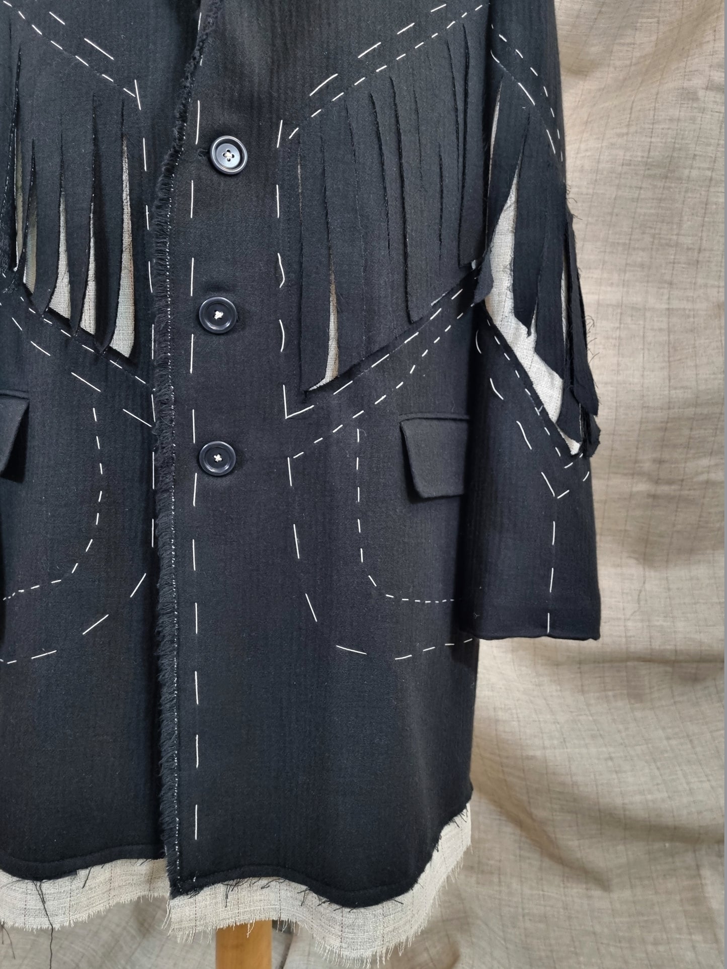 Black Jacket With Fringe And Handmade Decorative Stitching