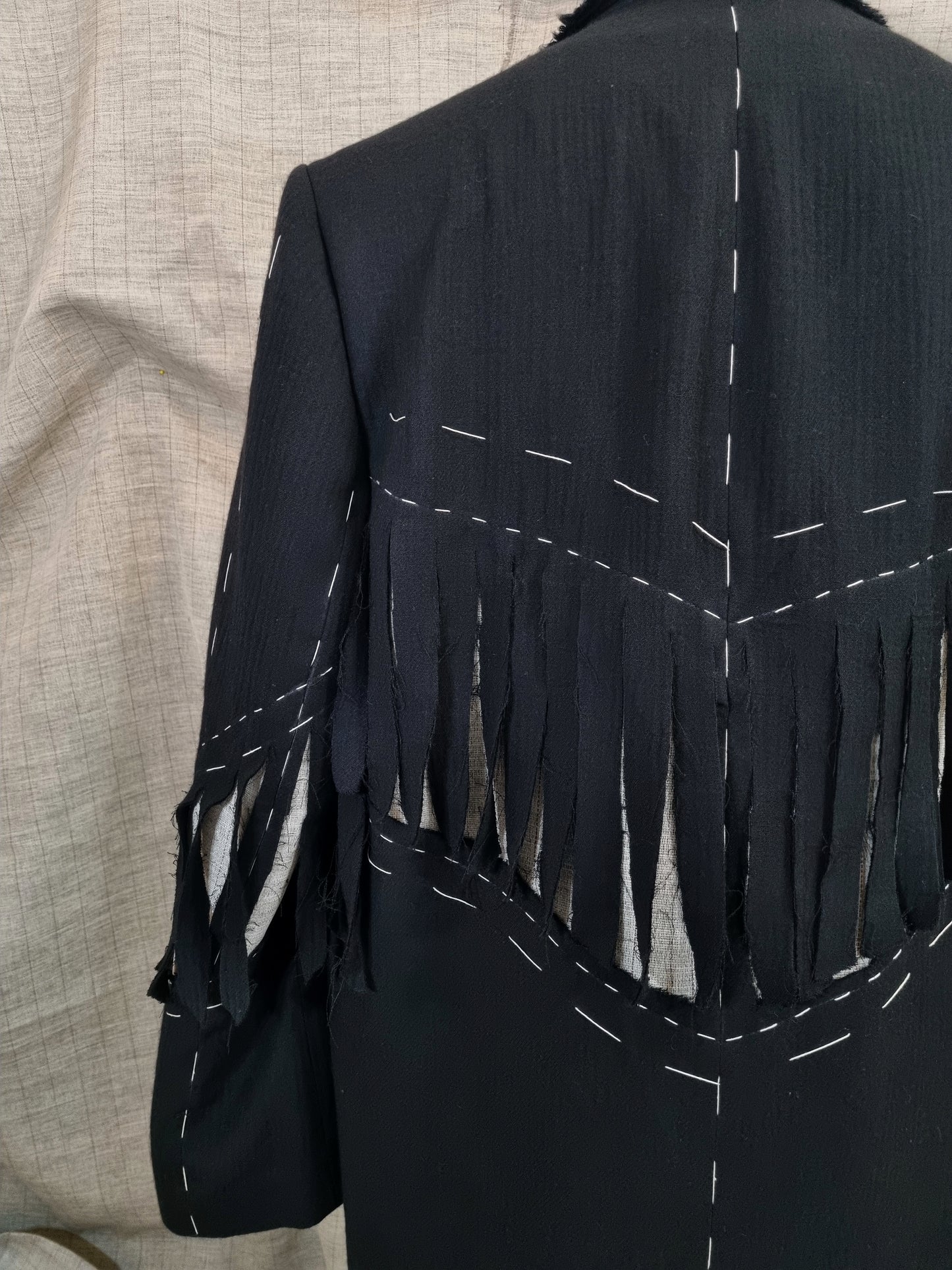 Black Jacket With Fringe And Handmade Decorative Stitching