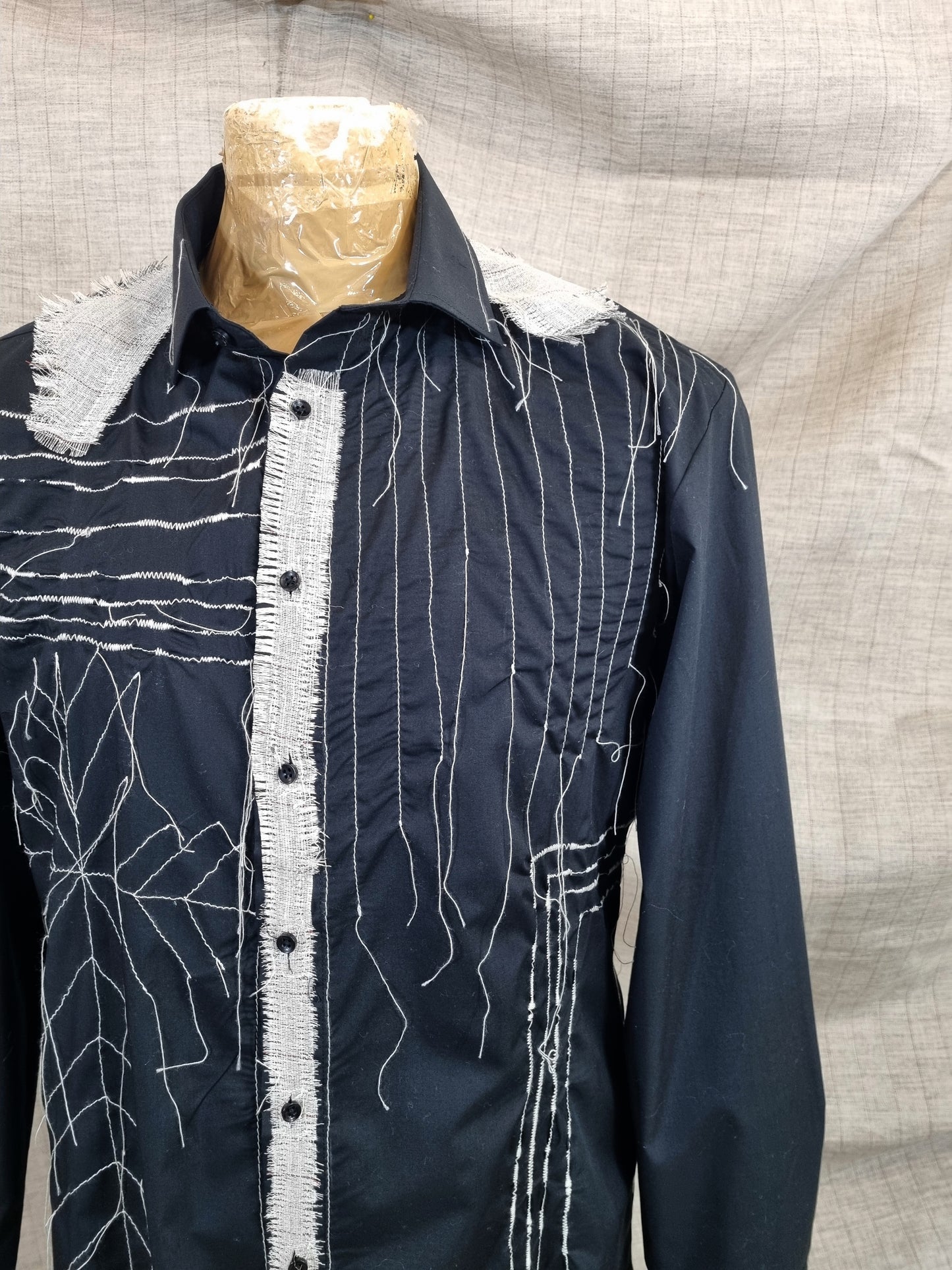 Black Shirt With Patches And Handmade Decorative Stitching