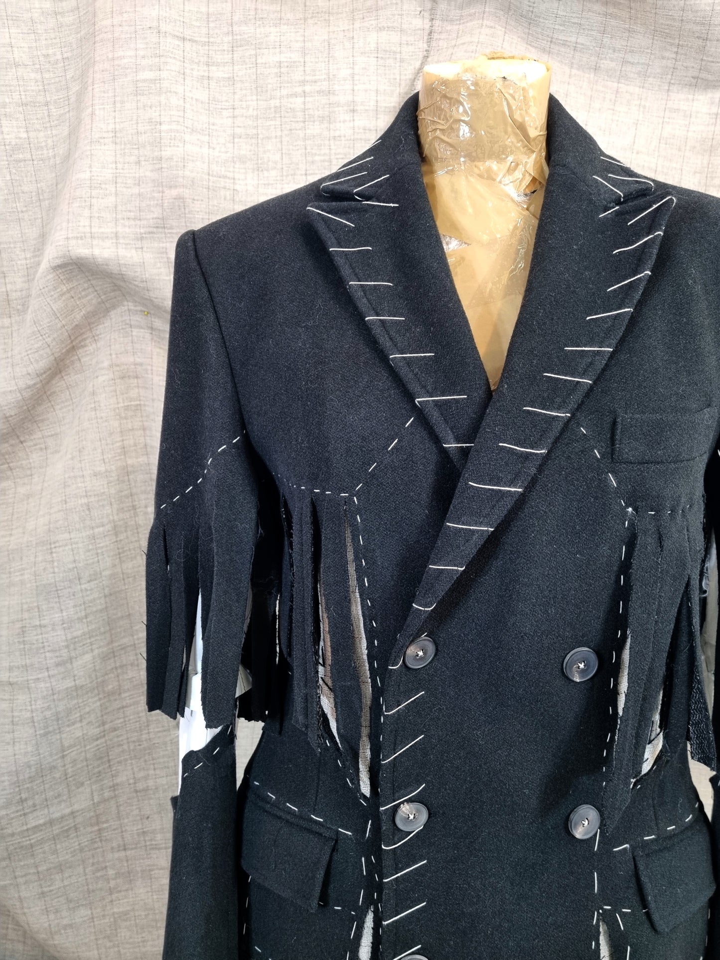 Double-Breasted Cut-Out Jacket With Handmade Decorative Stitching