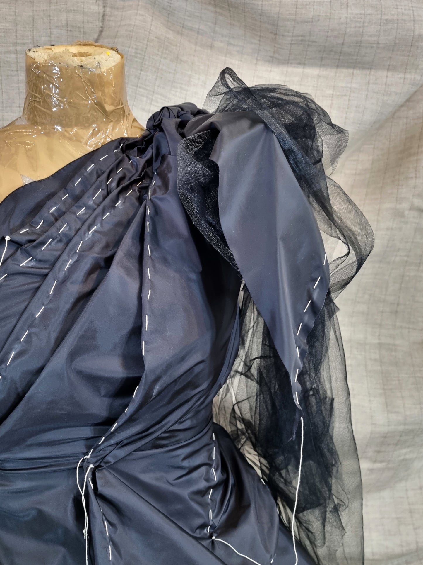 Black Draped Dress With Handmade Decorative Threads
