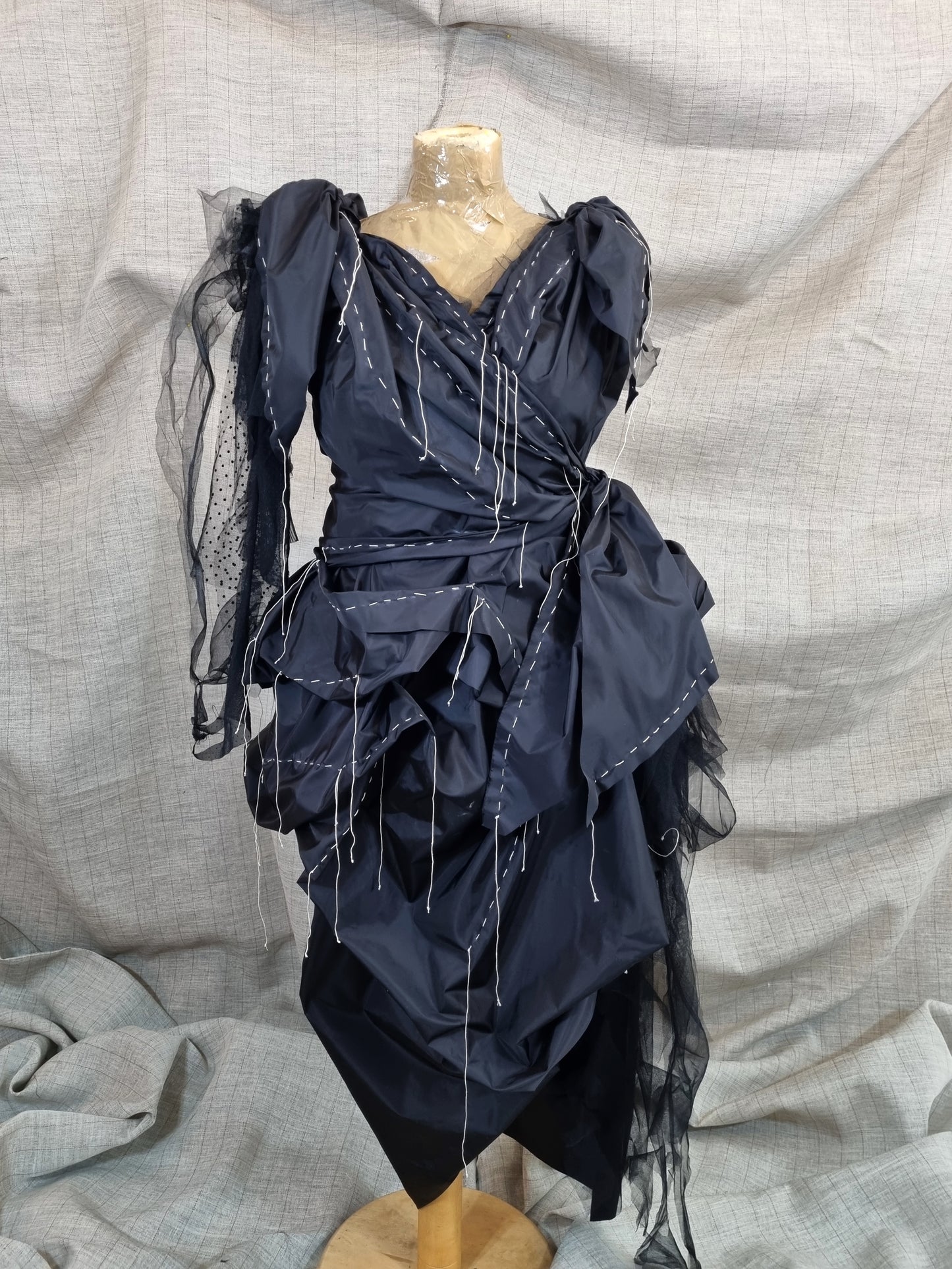 Black Draped Dress With Handmade Decorative Threads