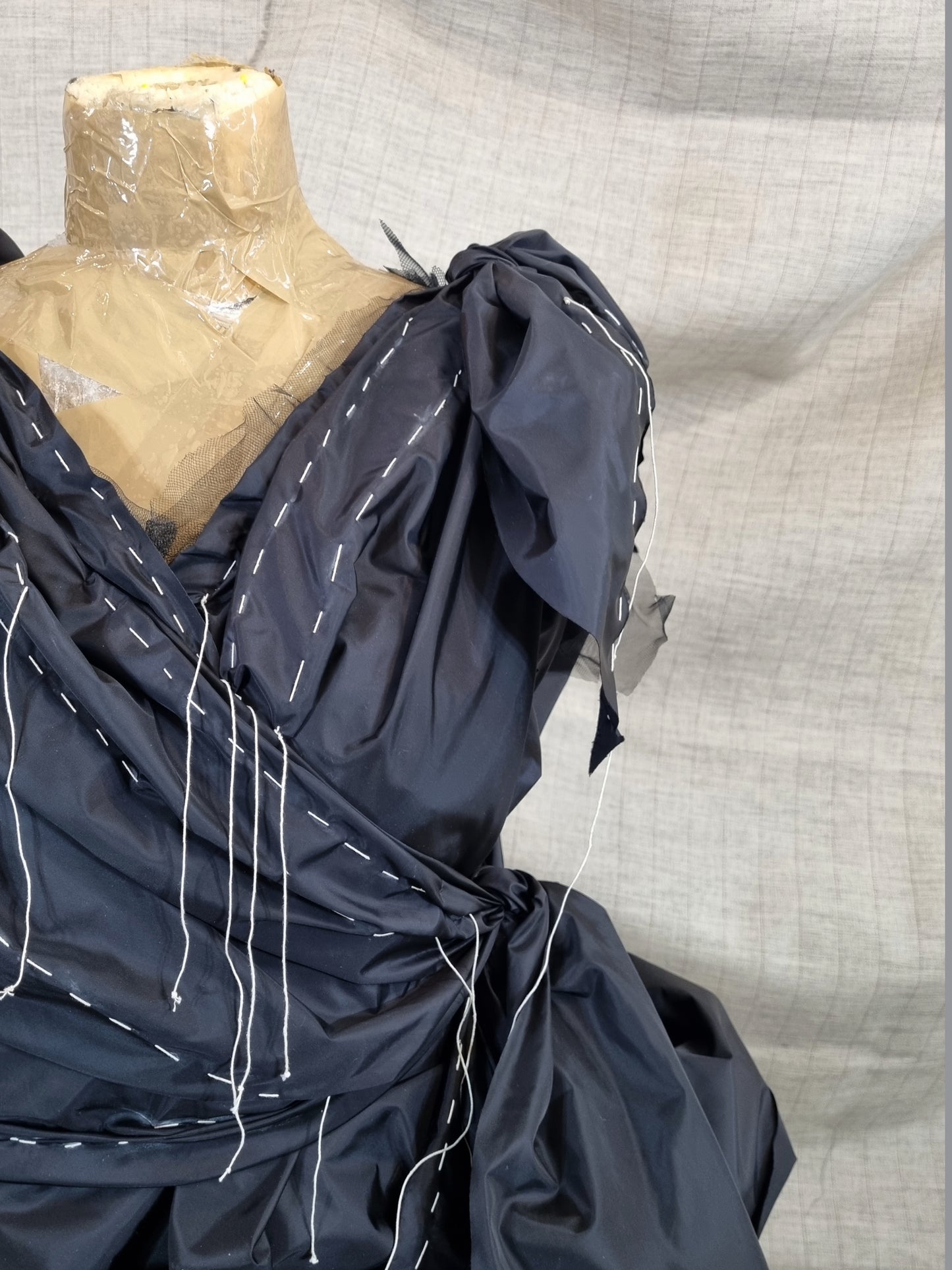 Black Draped Dress With Handmade Decorative Threads