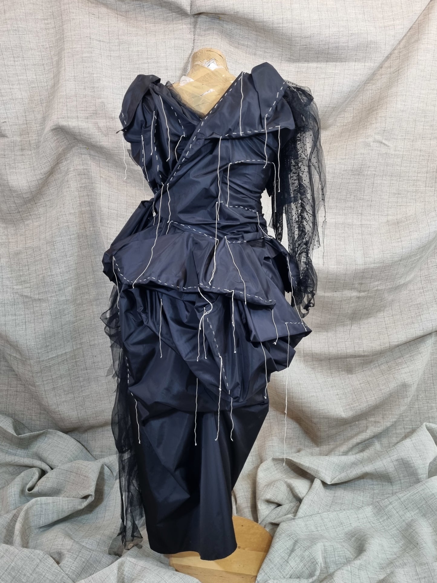 Black Draped Dress With Handmade Decorative Threads