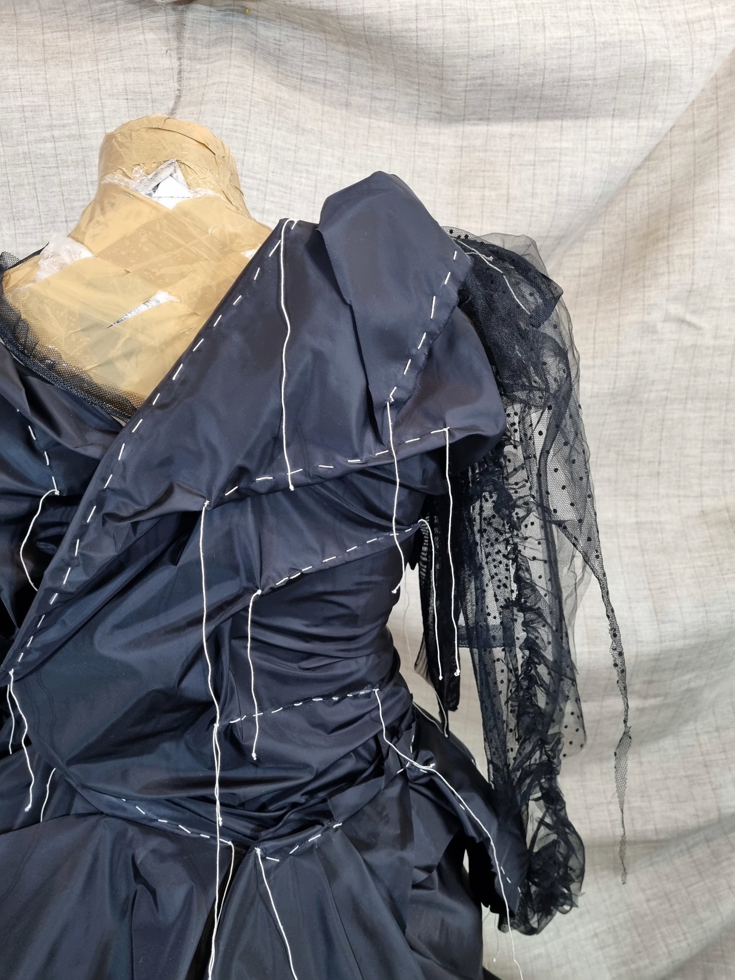 Black Draped Dress With Handmade Decorative Threads