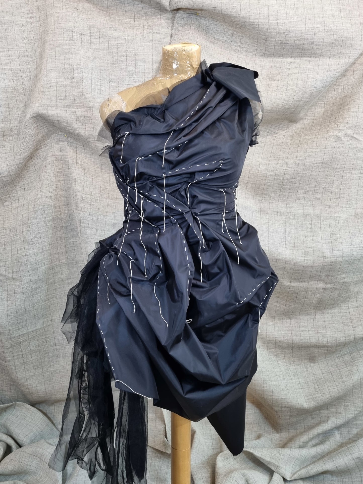 Black Draped Dress With Handmade Decorative Threads