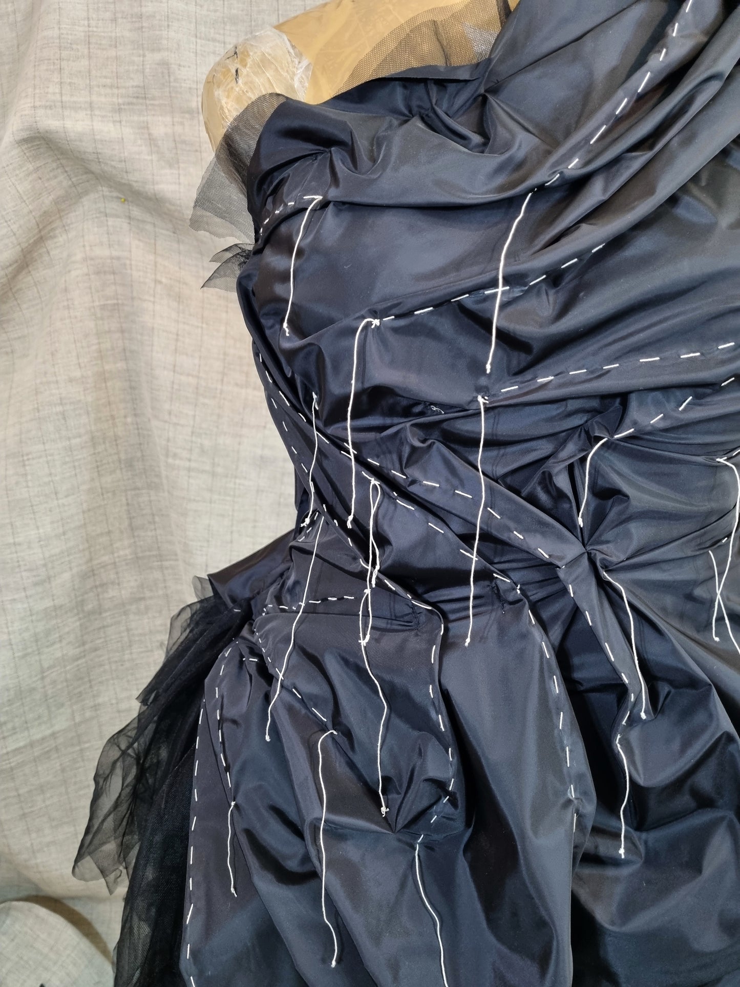 Black Draped Dress With Handmade Decorative Threads