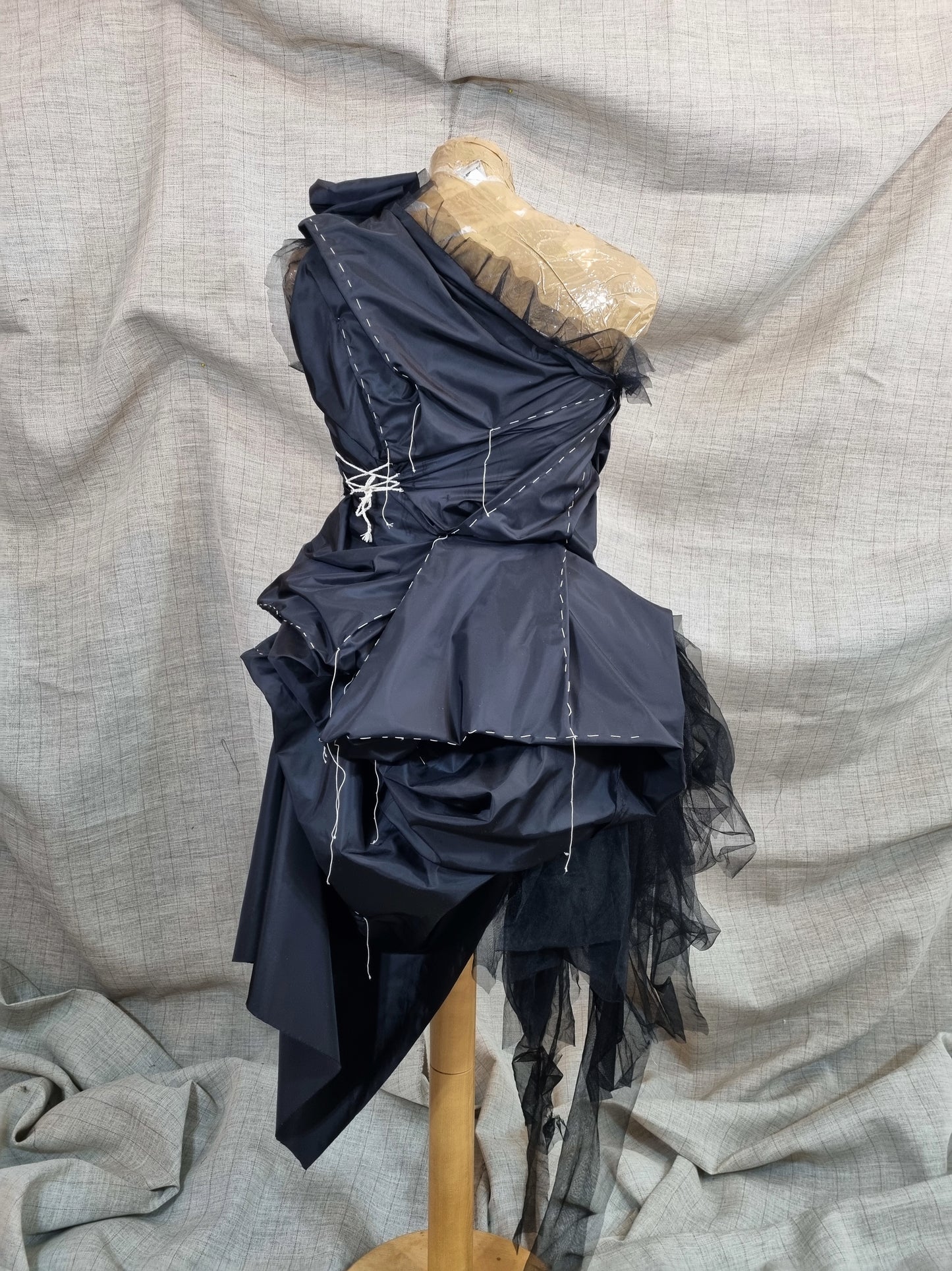 Black Draped Dress With Handmade Decorative Threads