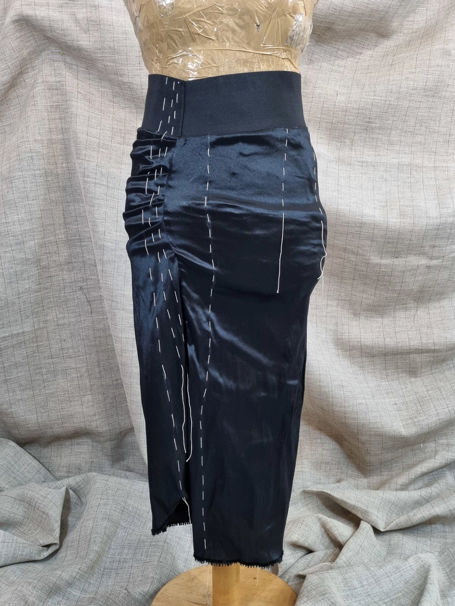 Black Draped Skirt With Handmade Decorative Stitching