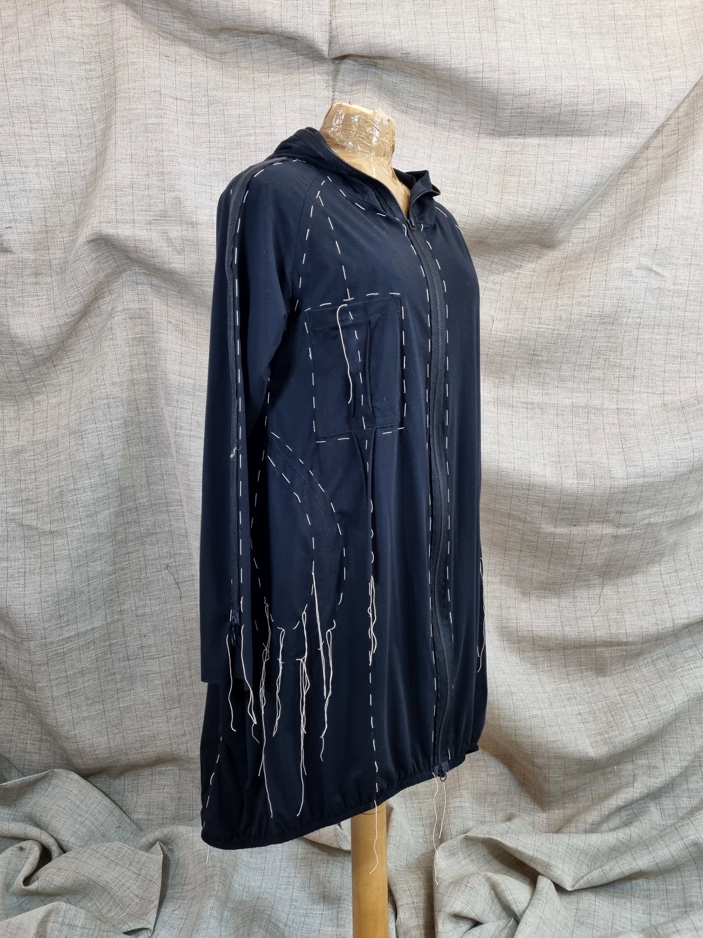 Black Jersey Hooded Blouse With Handmade Decorative Stitching