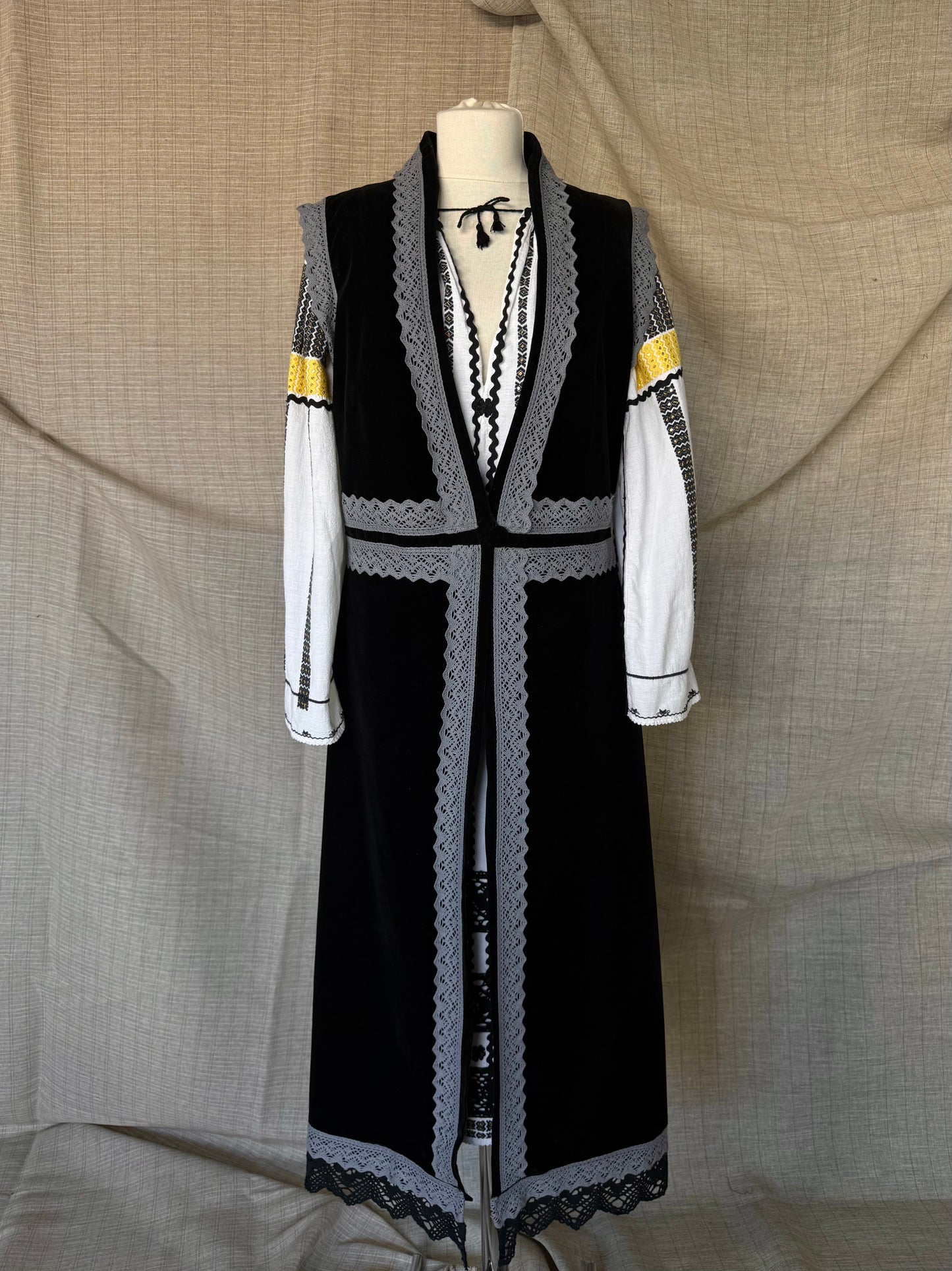 Long Velvet Vest with Grey Lace Trim