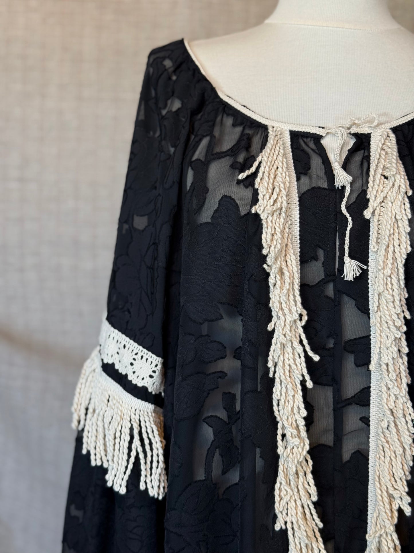 Black Floral Romanian Blouse With Ivory Fringe