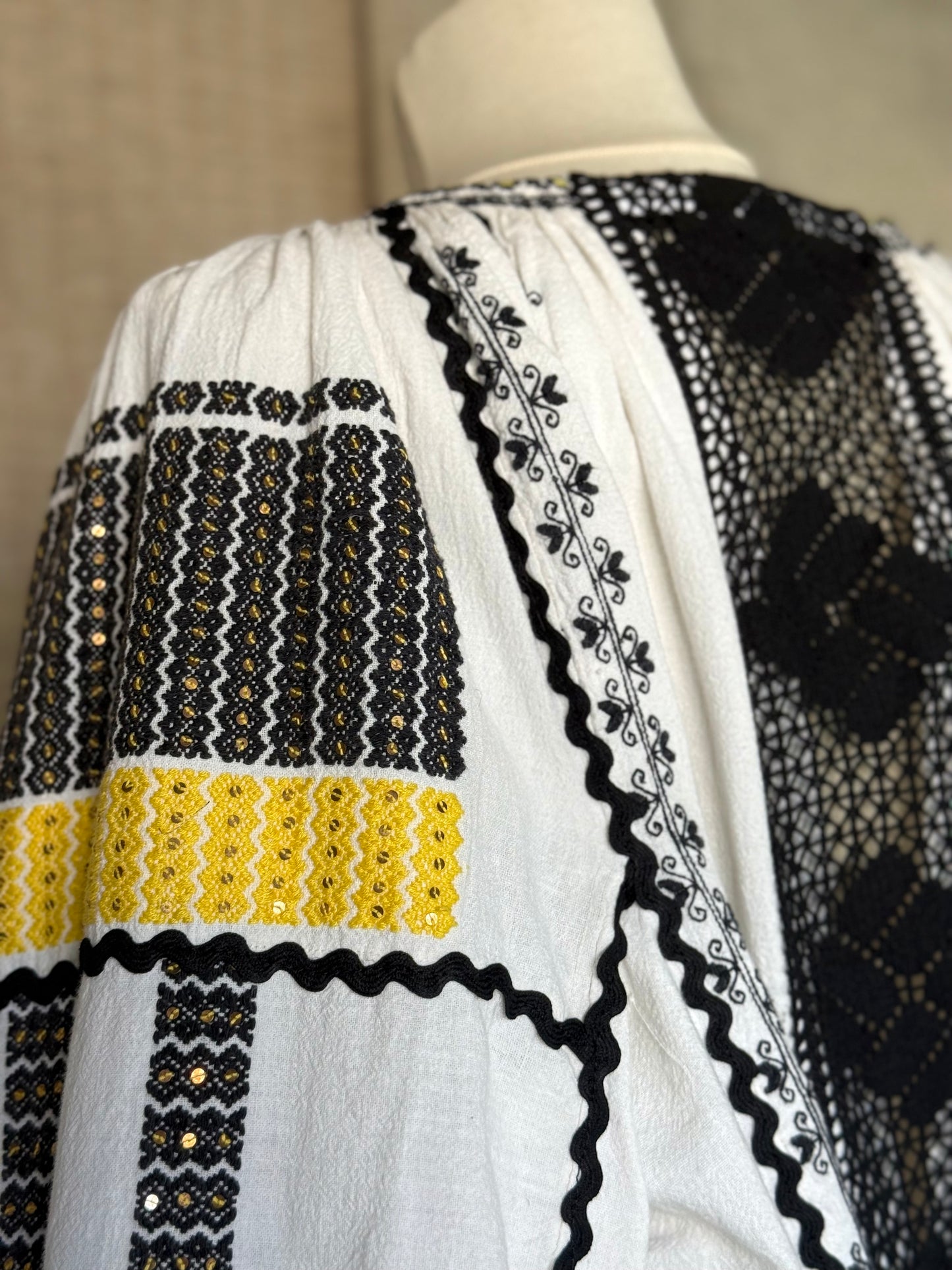 Romanian Inspired Midi-Dress With Yellow and Black Embroidery