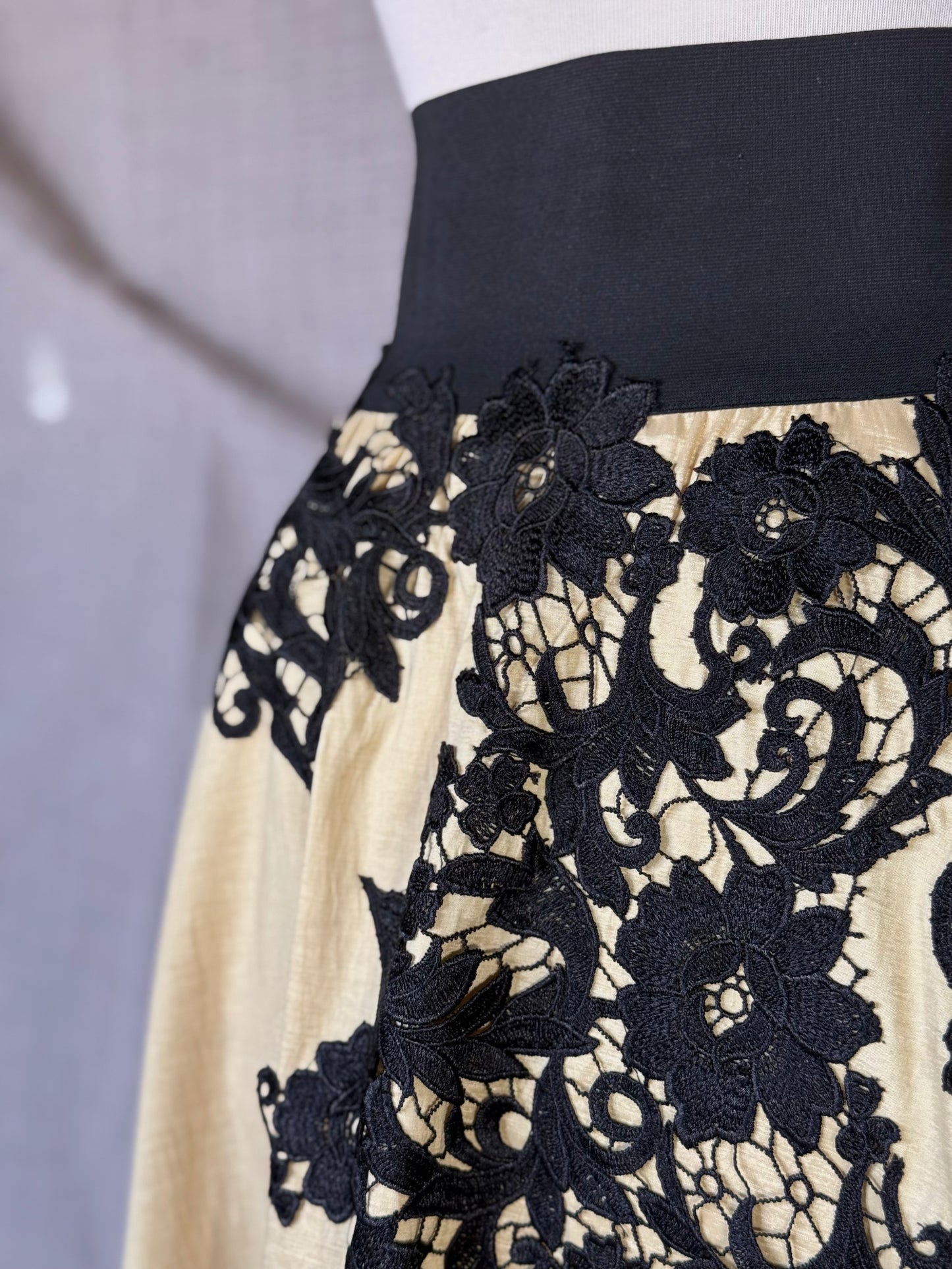 Long Yellow Skirt with Black Embroidery