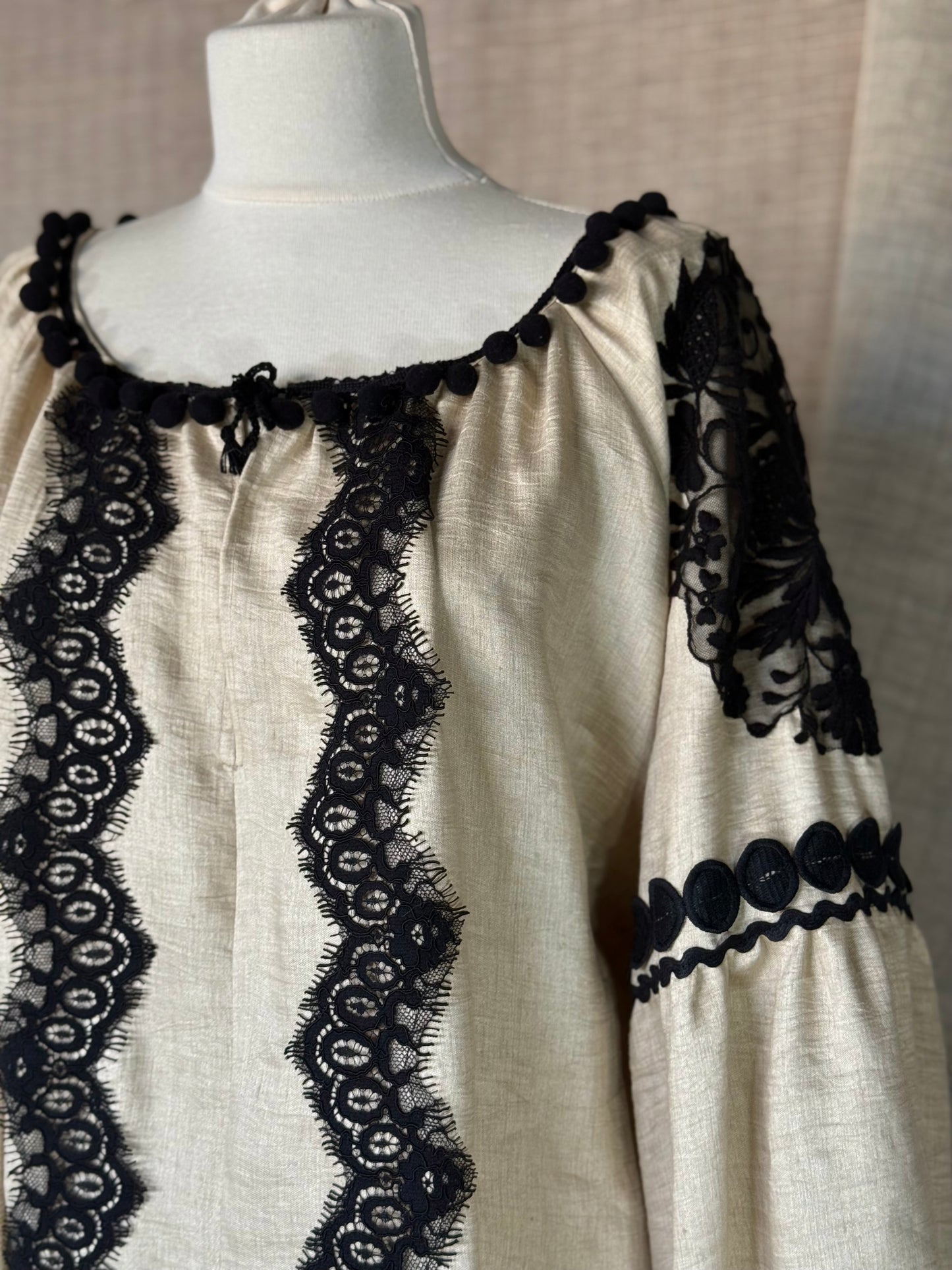 Olive Romanian Blouse with Black Lace and Embroidery