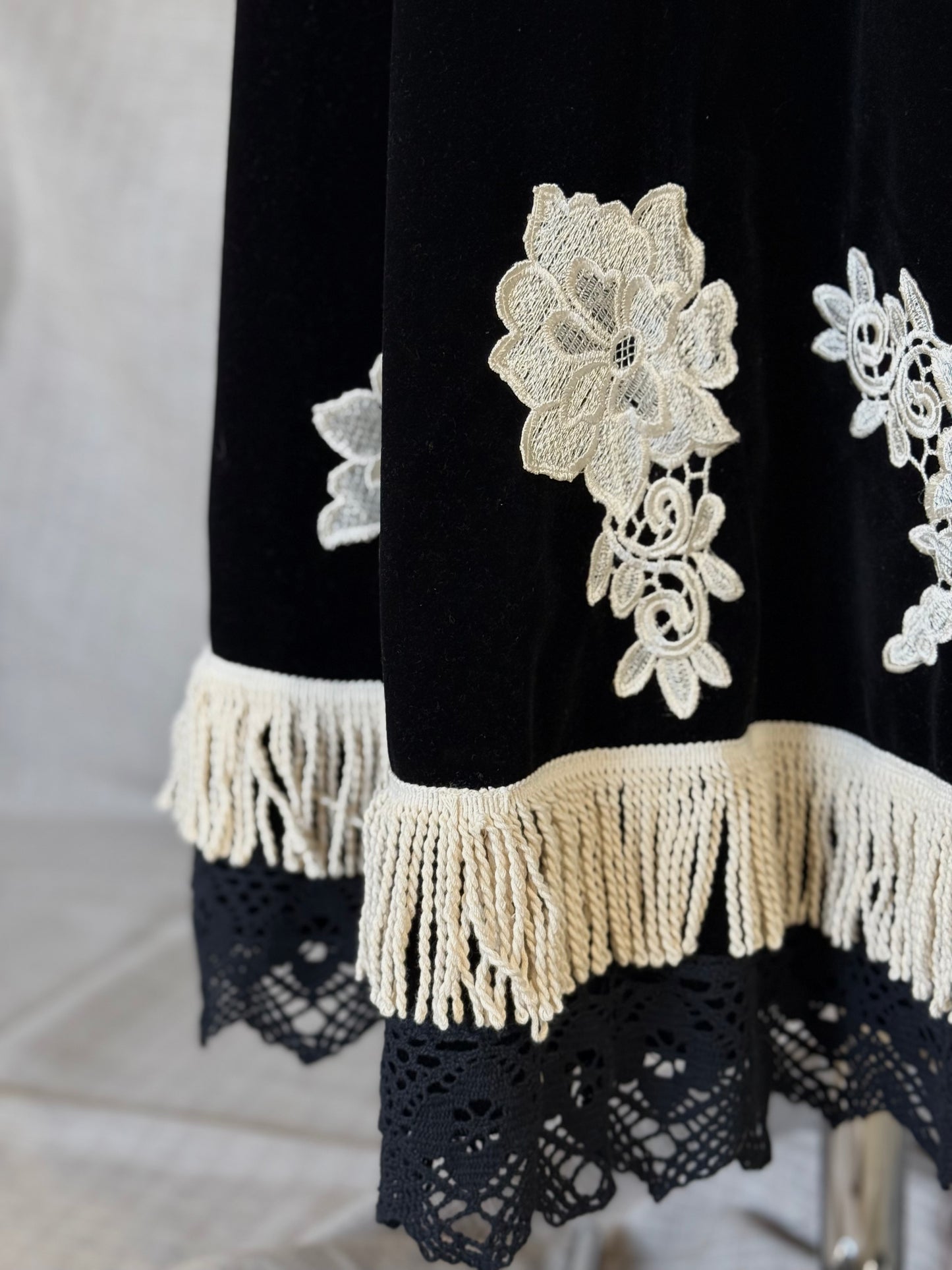 Black Velvet Skirt with Embroidery and Fringe