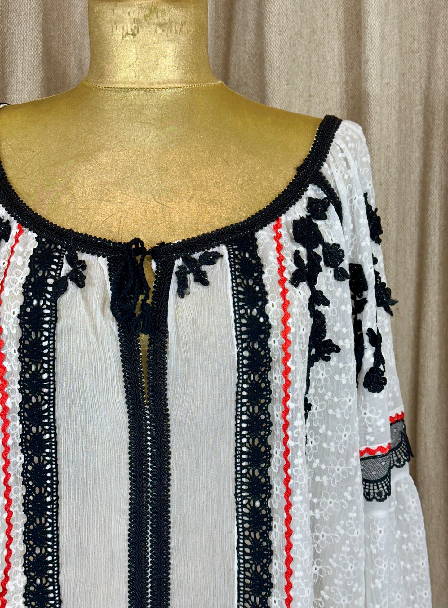 White Romanian Blouse with Red & Black Details