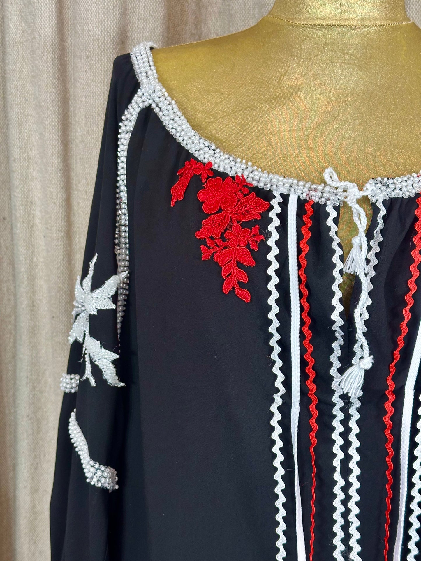 Black Romanian Blouse with Red & White Details