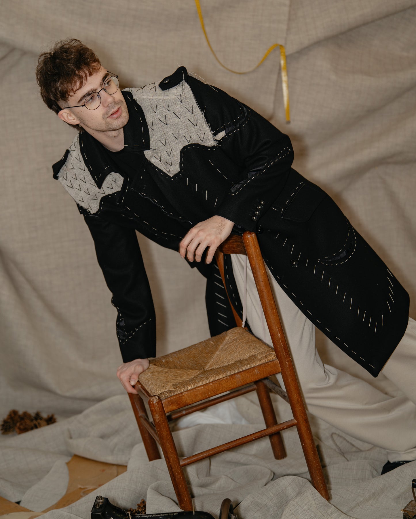 Mid-Length Coat With Handmade Decorative Stitching