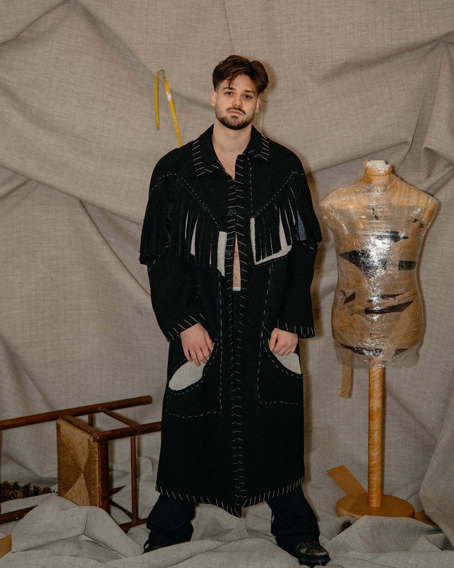 Long Coat With Fringe And Handmade Decorative Stitches