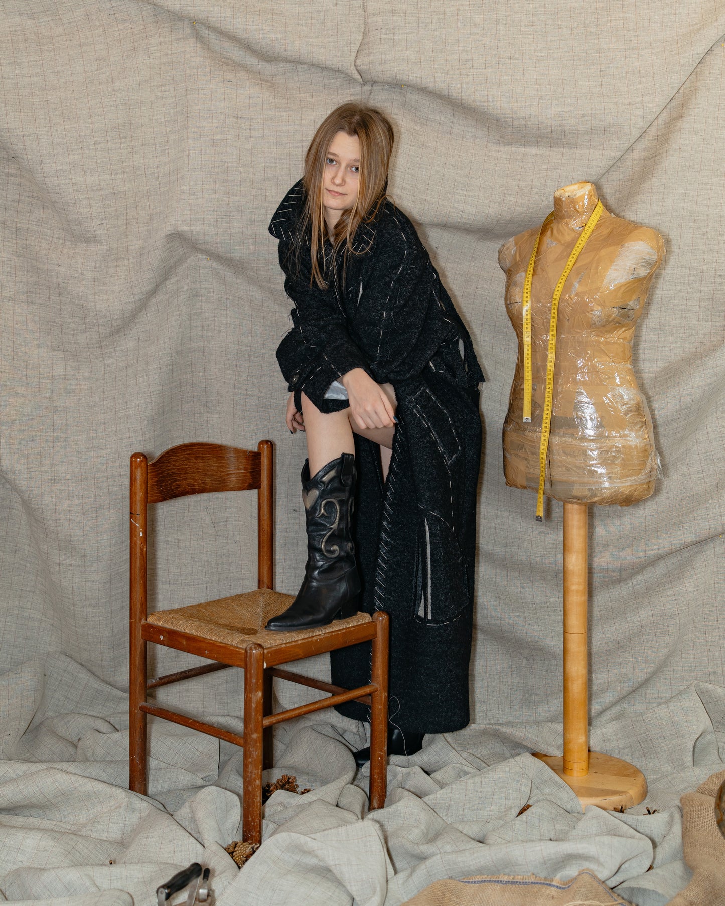 Long Coat With Fringe And Handmade Decorative Stitches