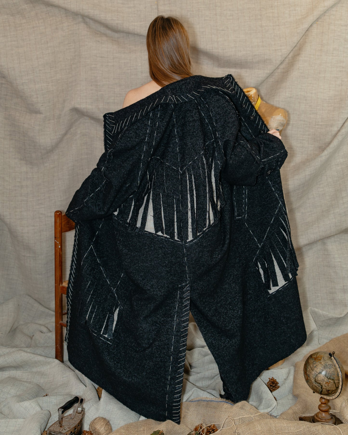 Long Coat With Fringe And Handmade Decorative Stitches