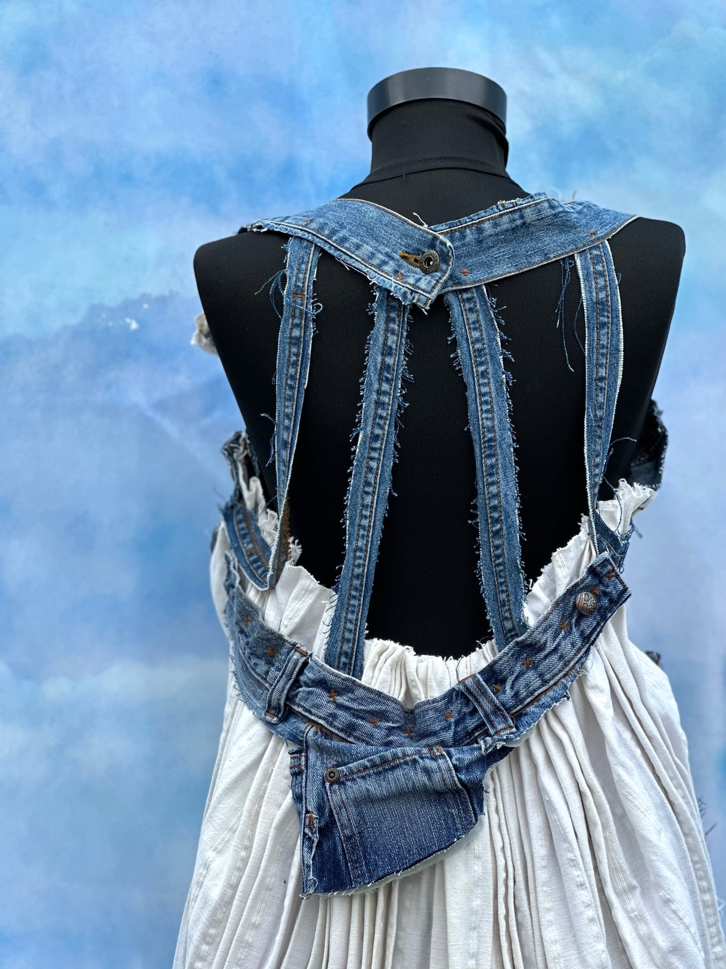 "Dor" White Linen and Denim Pleated Dress